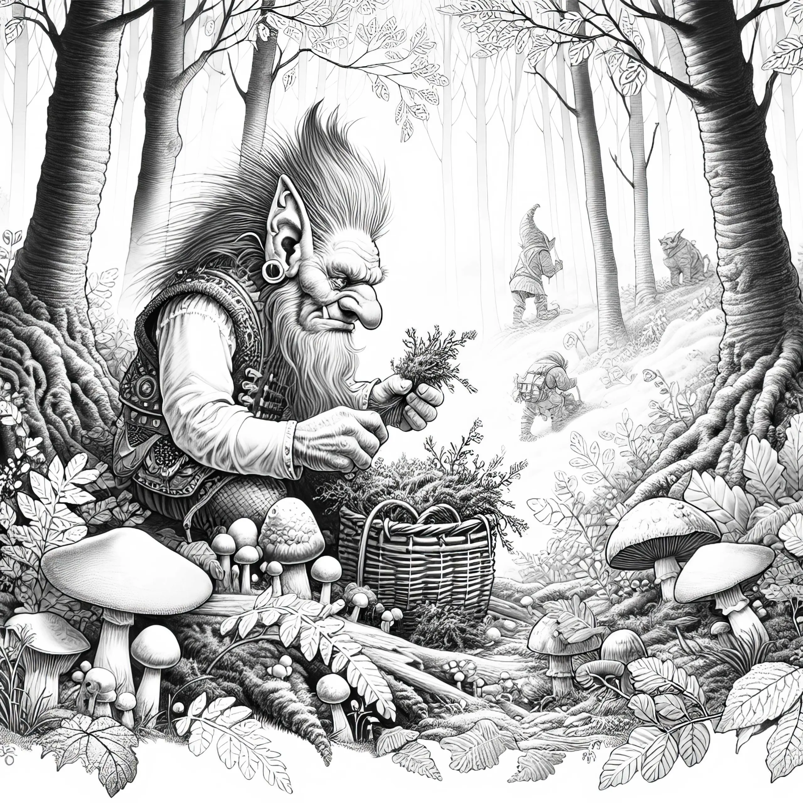 Troll sammelt Moos und Pilze in nebligem Wald als Malvorlage (Gratis) (Ausmalbild)