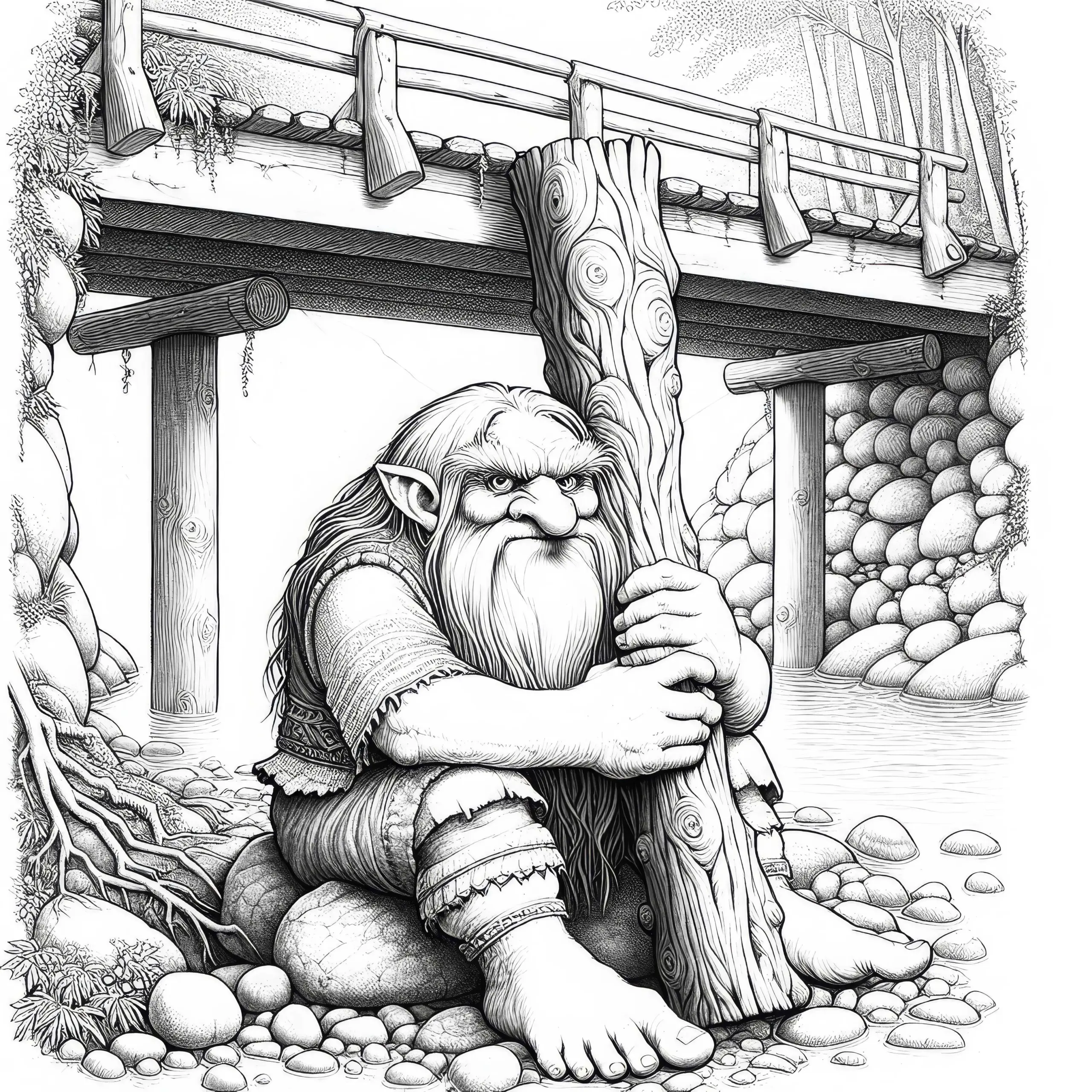 Troll sitzt unter der Brücke und hält einen großen Holzstamm als Malvorlage (Kostenlos) (Ausmalbild)