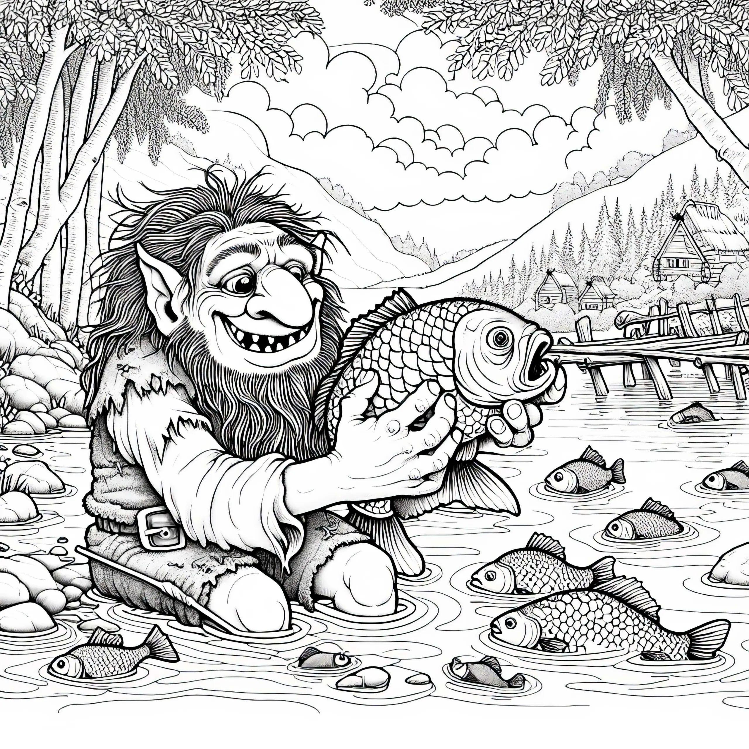 Troll spielt mit großem Fisch: Detaillierte Malvorlage (Kostenlos) (Ausmalbild)