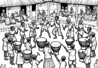 Trommelkreis beim Dorffest mit tanzenden Kindern – Malvorlage Afrika kostenlos