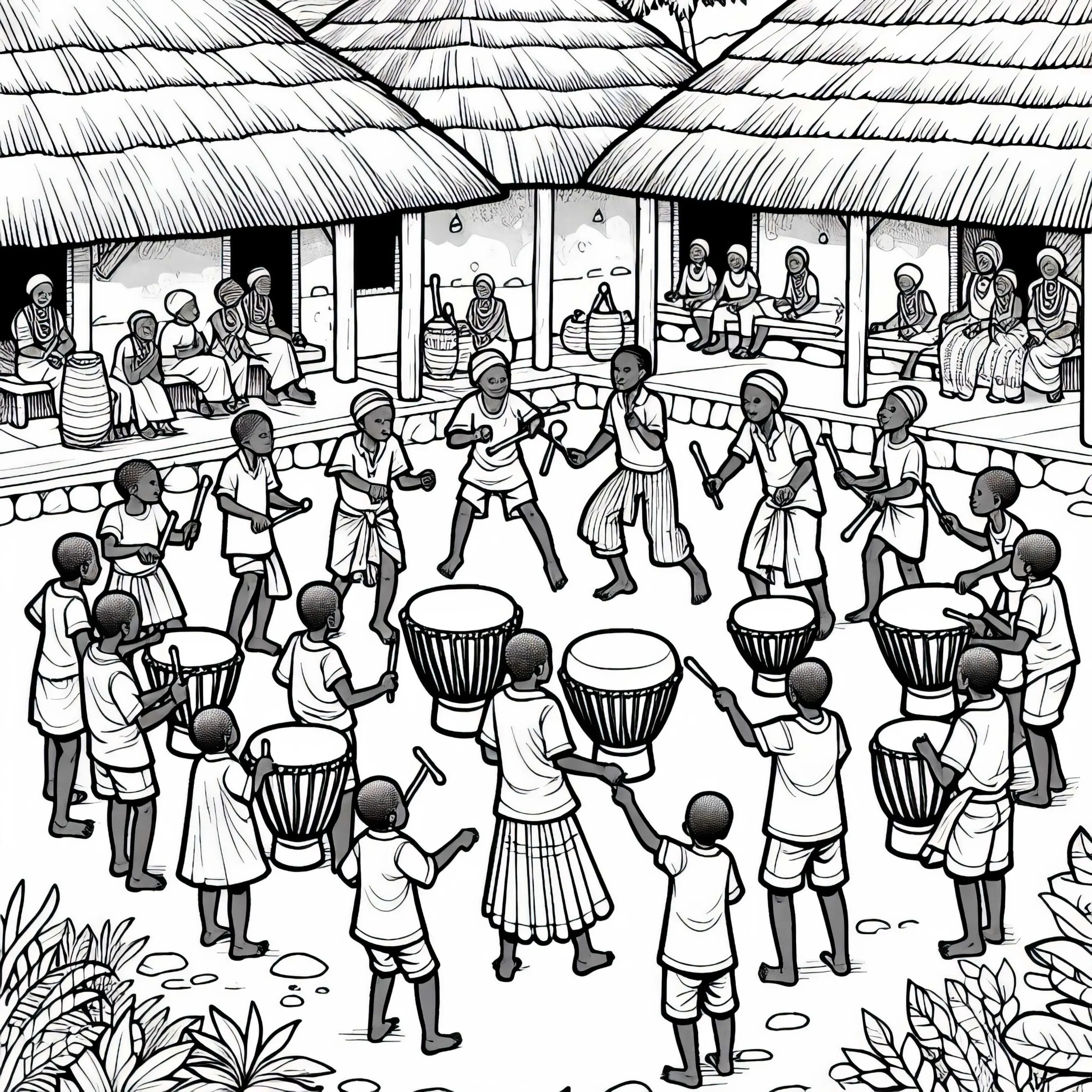 Trommelkreis beim Dorffest mit tanzenden Kindern – Malvorlage Afrika kostenlos (Ausmalbild)