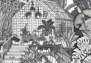 Tropengewächshaus mit exotischen Pflanzen im Garten – Ausmalbild gratis