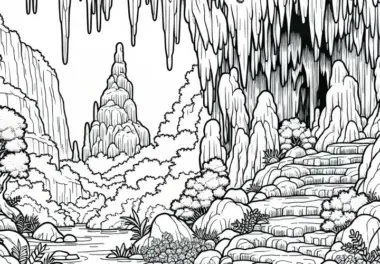 Tropfsteinhöhle mit Stalaktiten und Stalagmiten – Ausmalbild Karstlandschaft Kostenlos
