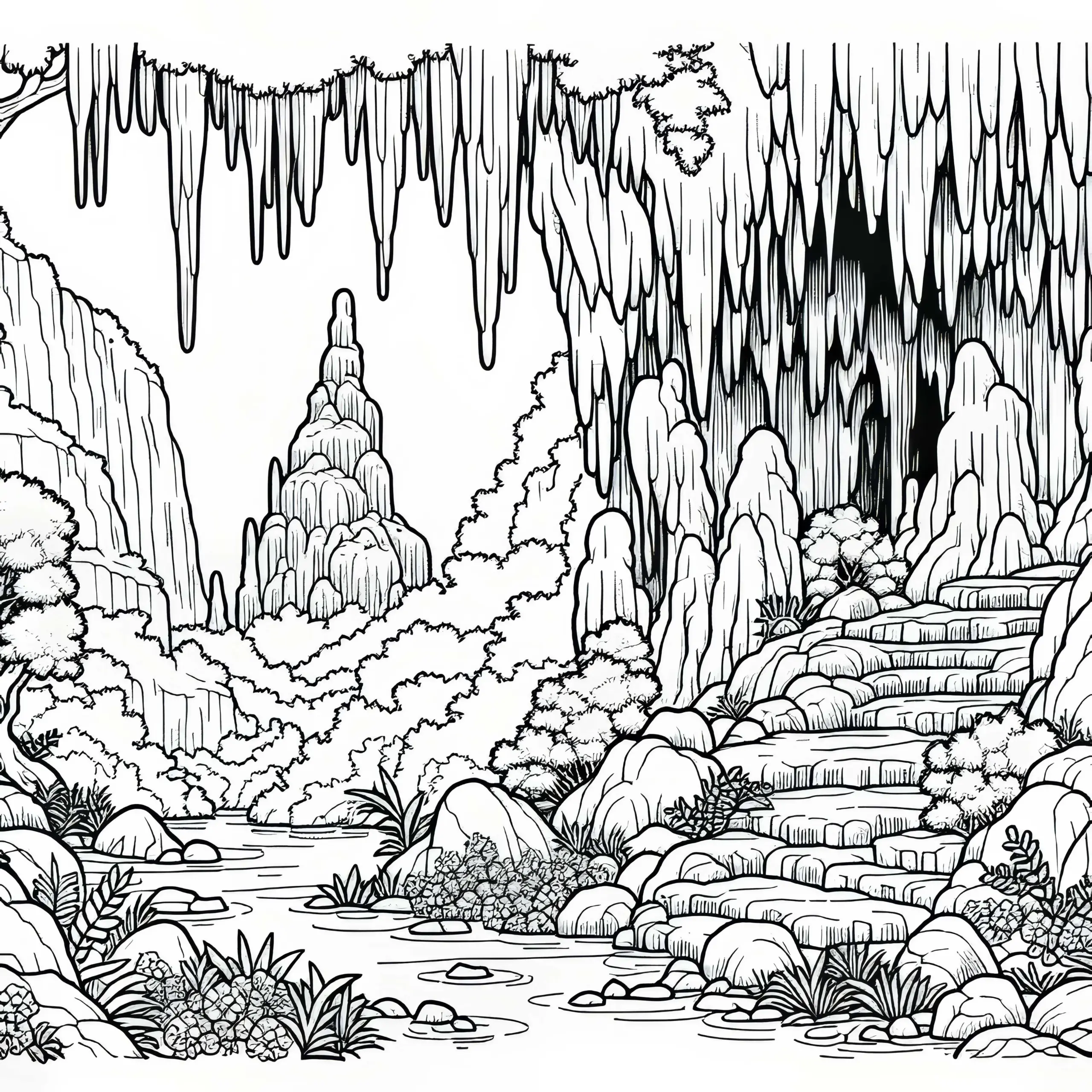 Tropfsteinhöhle mit Stalaktiten und Stalagmiten – Ausmalbild Karstlandschaft Kostenlos