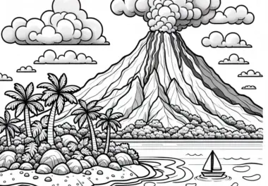 Tropische Insel mit aktivem Vulkan – Ausmalbild kostenlos