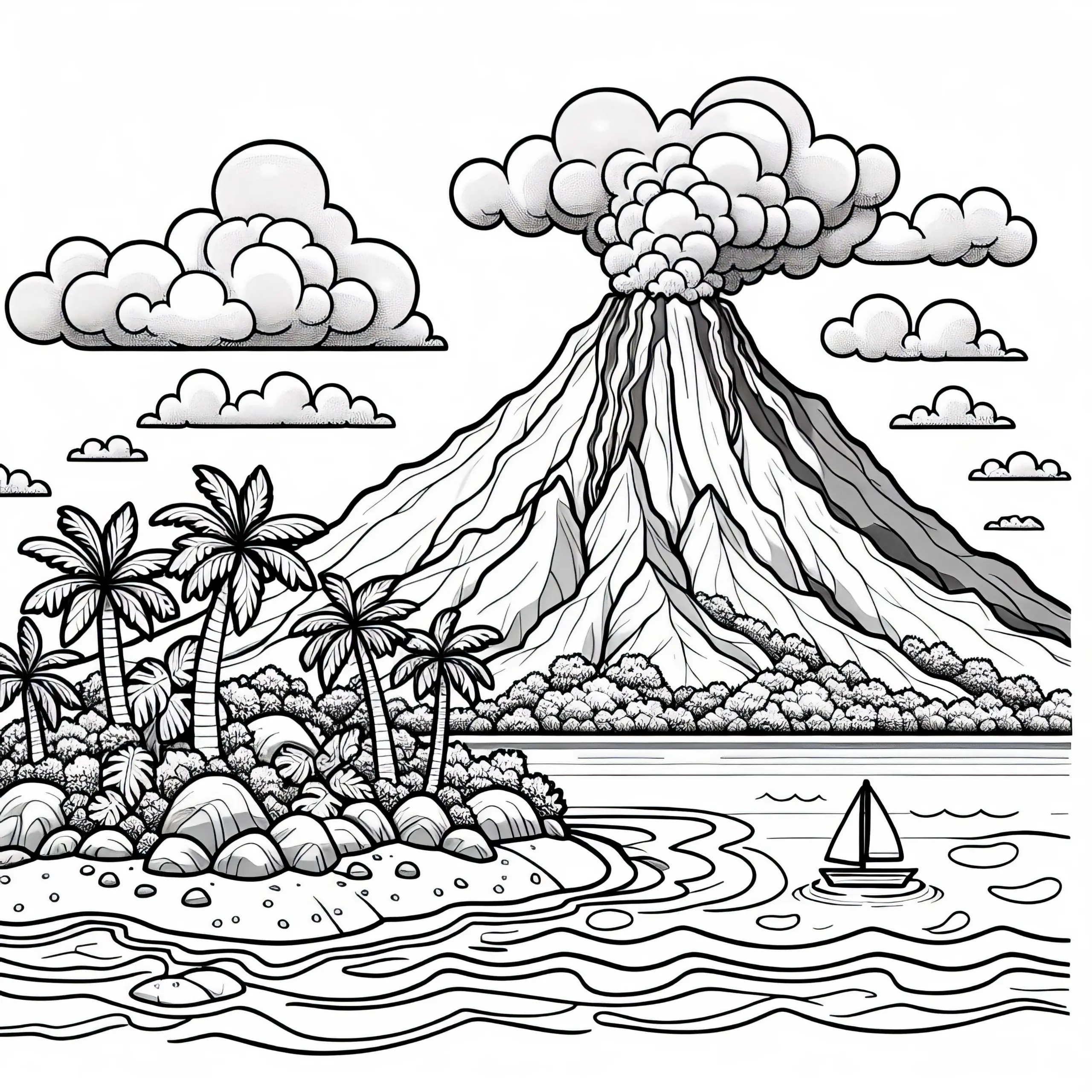 Tropische Insel mit aktivem Vulkan – Ausmalbild kostenlos