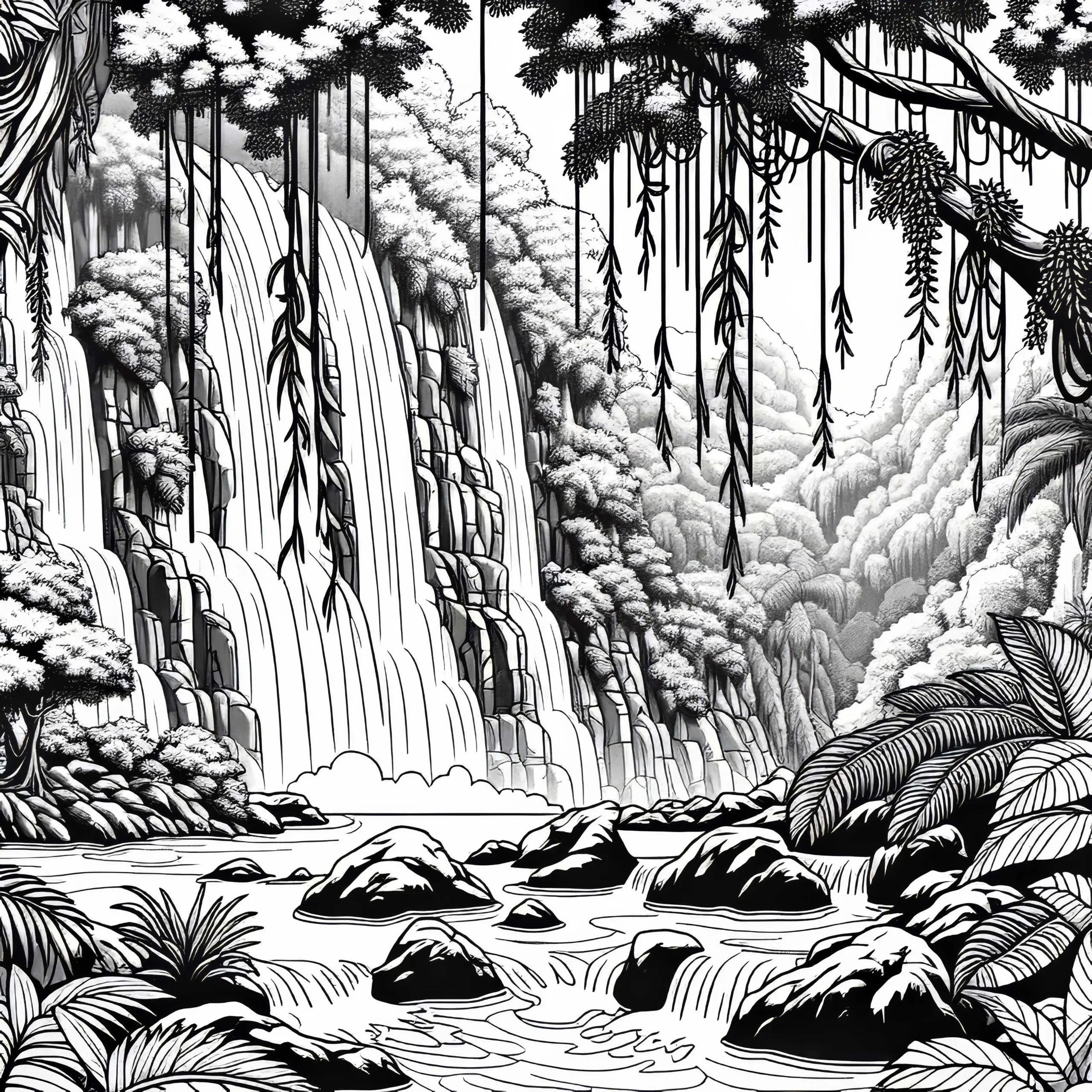 Tropischer Wasserfall zwischen Lianen im Dschungelwald (Ausmalbild)