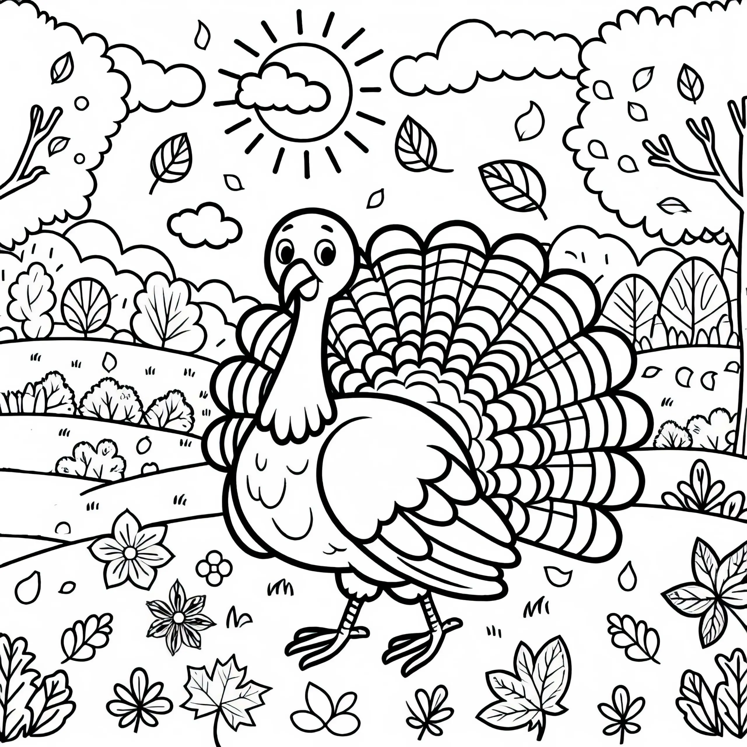 Truthahn läuft über herbstliche Wiese mit Laub – Malvorlage gratis (Ausmalbild)