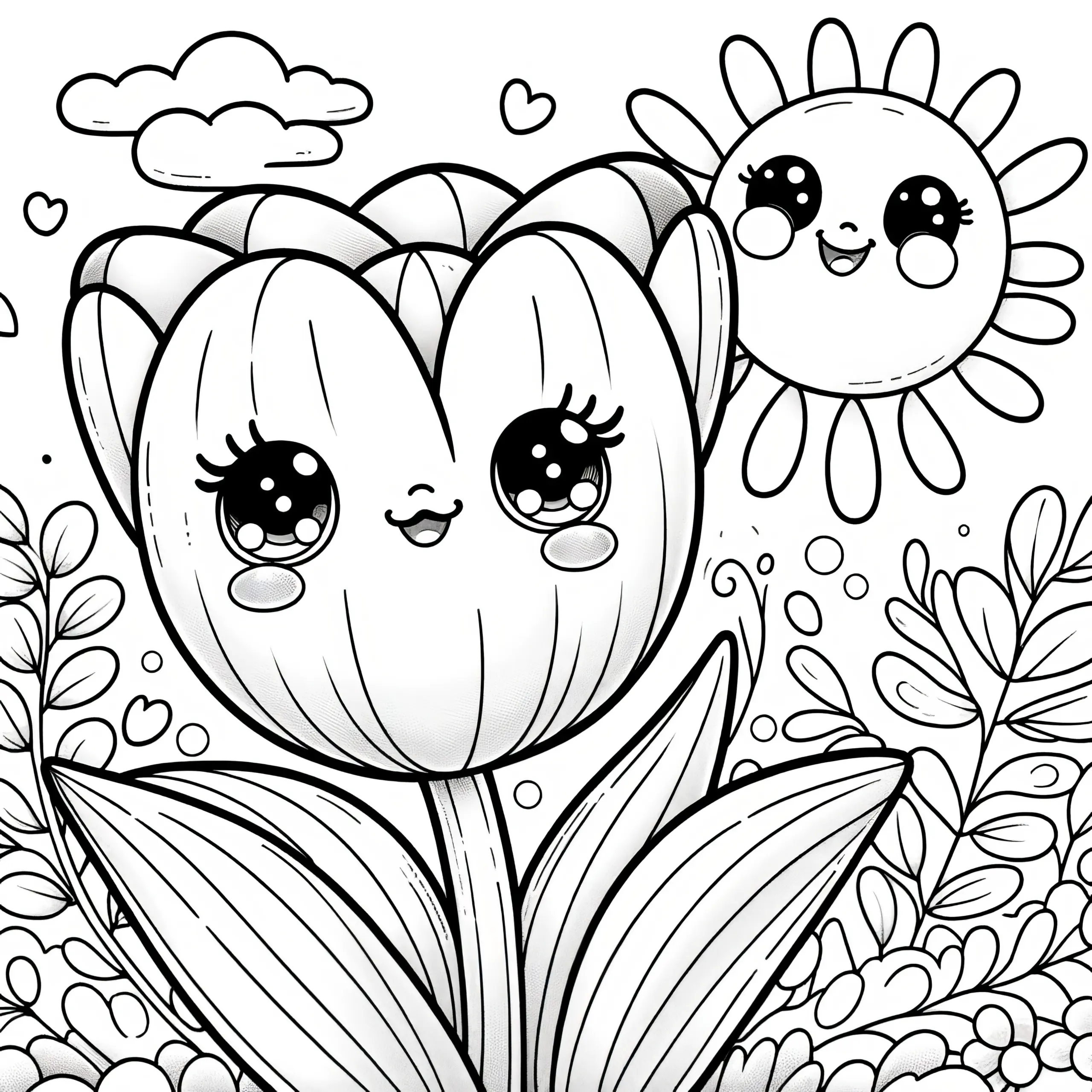 Tulpe mit freundlichem Gesicht: Bild zum Ausmalen (Kostenlos) (Ausmalbild)