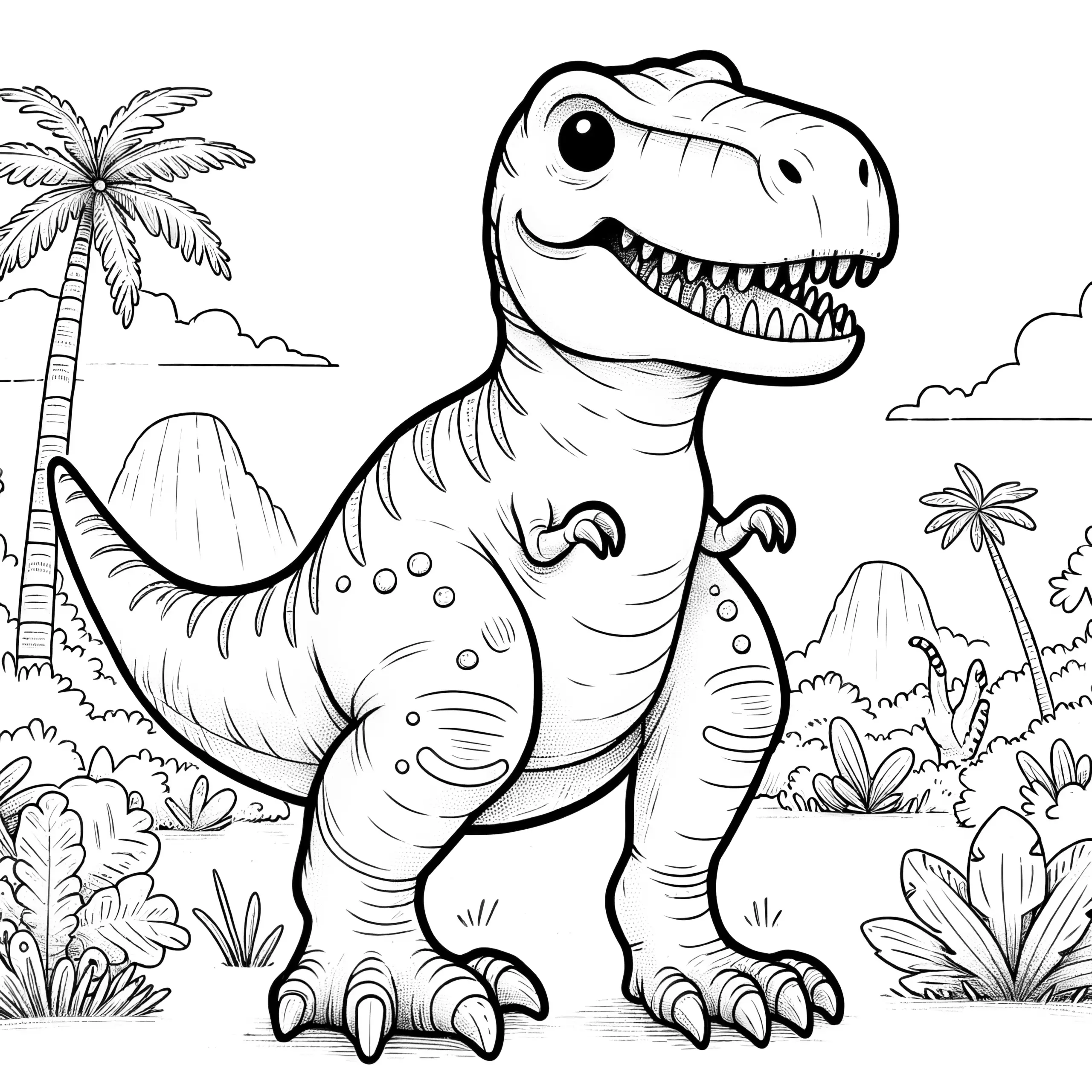 Tyrannosaurus rex in Dschungellandschaft zum Ausmalen (Ausmalbild)