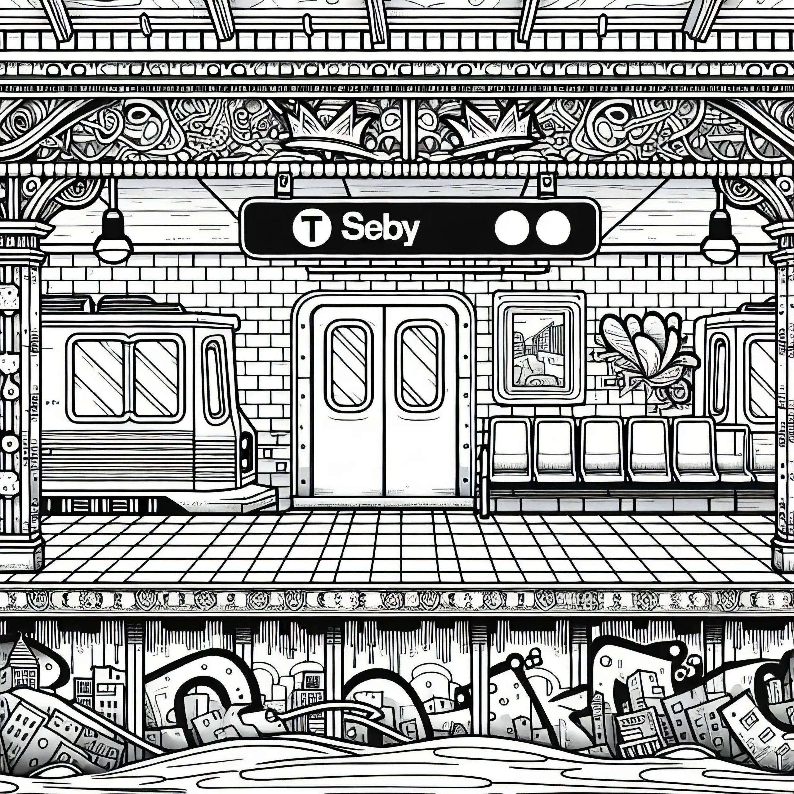 U-Bahn-Station mit Graffiti als Ausmalbild für Jungs ab neun kostenlos