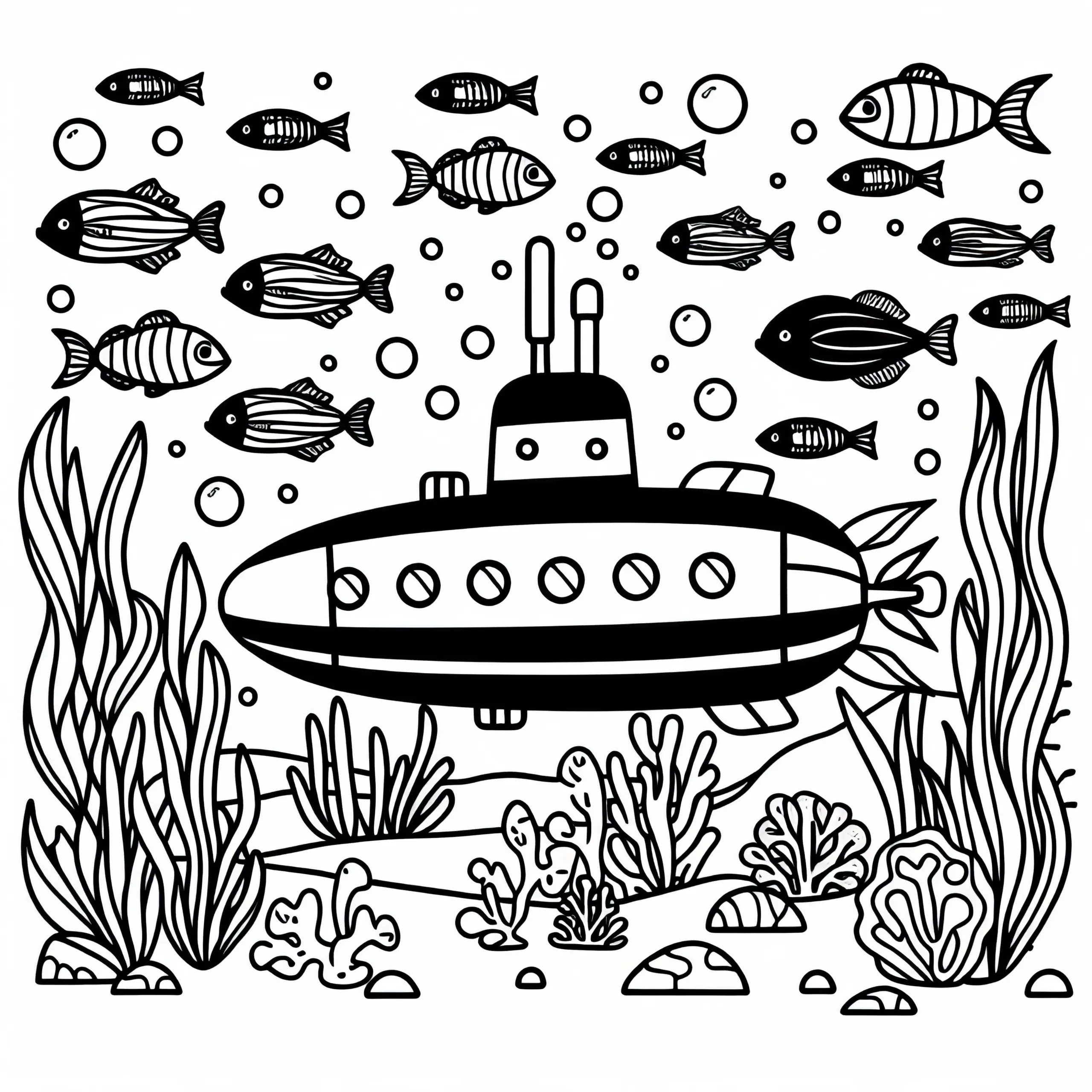 U-Boot Unter Wasser Mit Fischen – Ausmalvorlage Für Jungs Ab Drei Kostenlos (Ausmalbild)