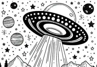 UFO am Himmel – Malvorlage gratis zum Ausdrucken und Ausmalen