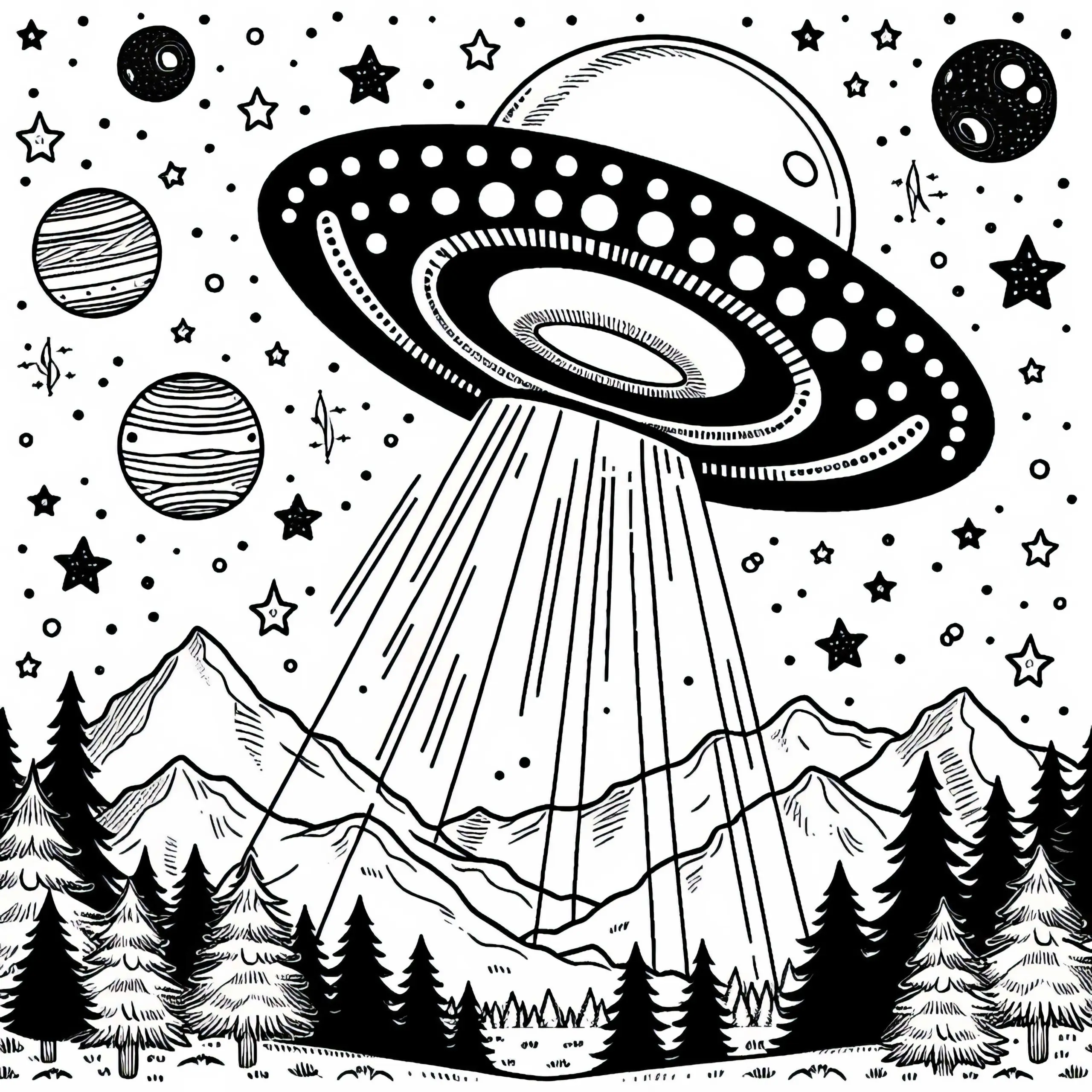 UFO am Himmel – Malvorlage gratis zum Ausdrucken und Ausmalen (Ausmalbild)