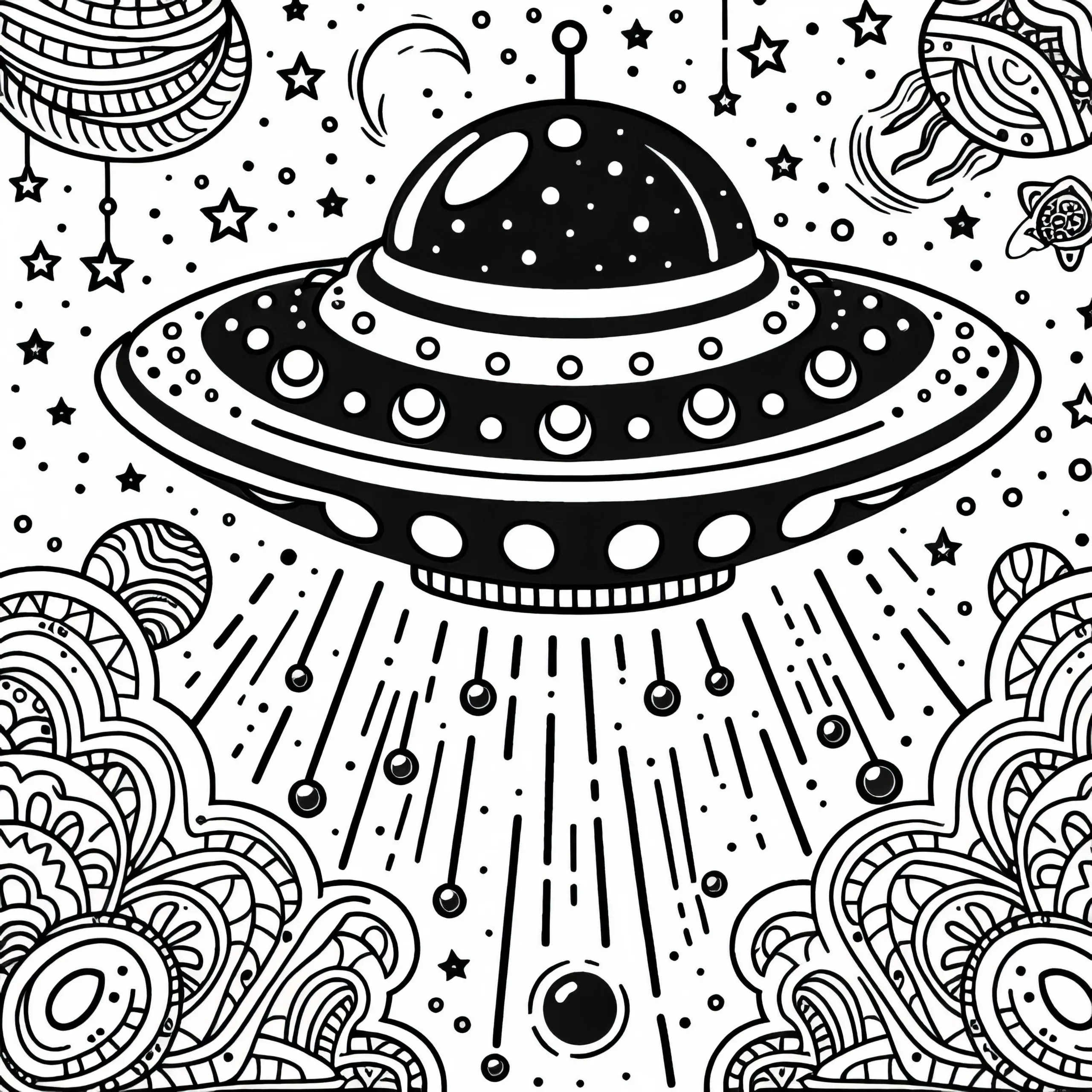 UFO im Weltall – Malvorlage kostenlos herunterladen (Ausmalbild)