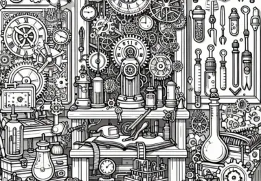Uhrmacher-Werkstatt voller Zahnräder, Werkzeuge und kleiner Erfindungen – Malvorlage im Steampunk-Stil