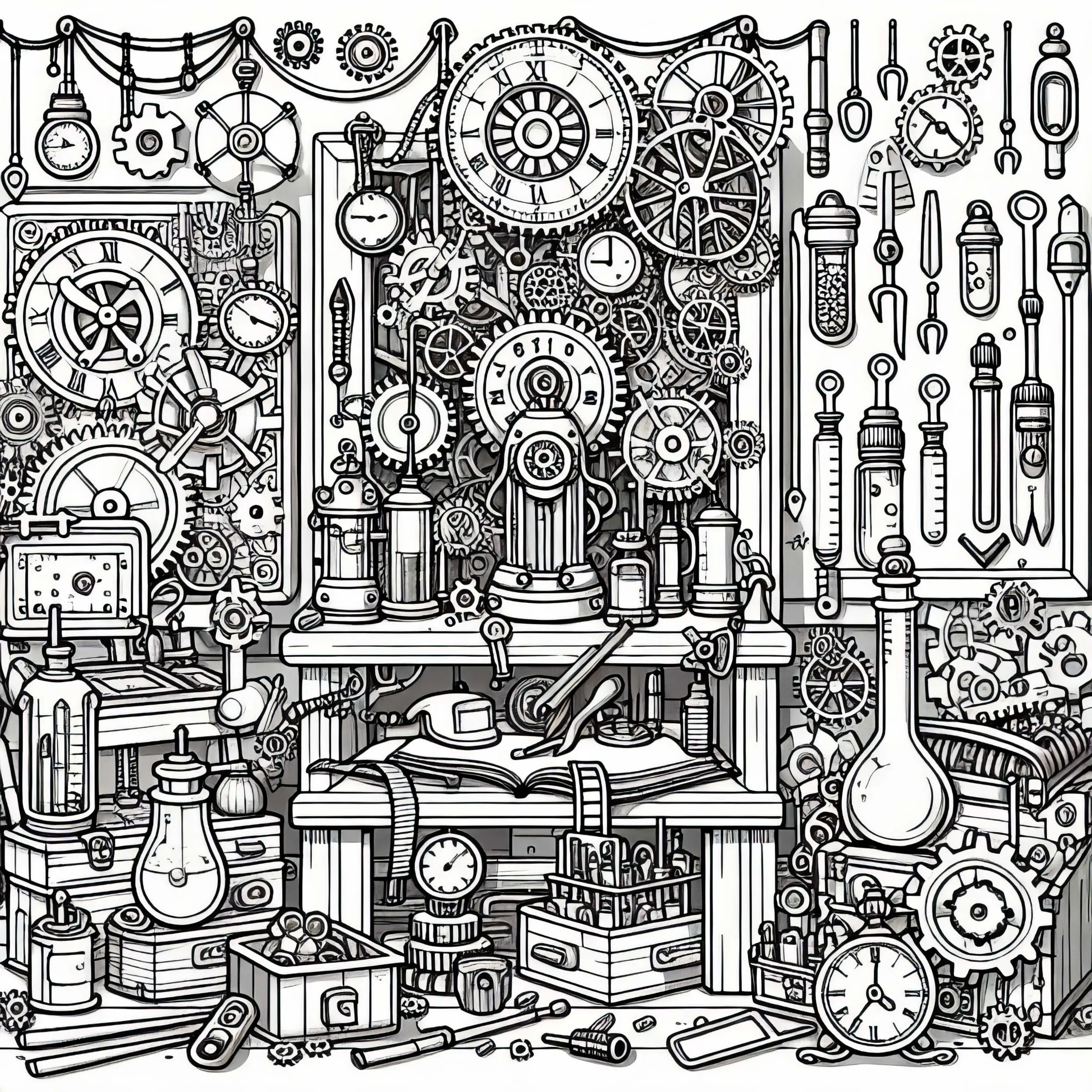 Uhrmacher-Werkstatt voller Zahnräder, Werkzeuge und kleiner Erfindungen – Malvorlage im Steampunk-Stil (Ausmalbild)