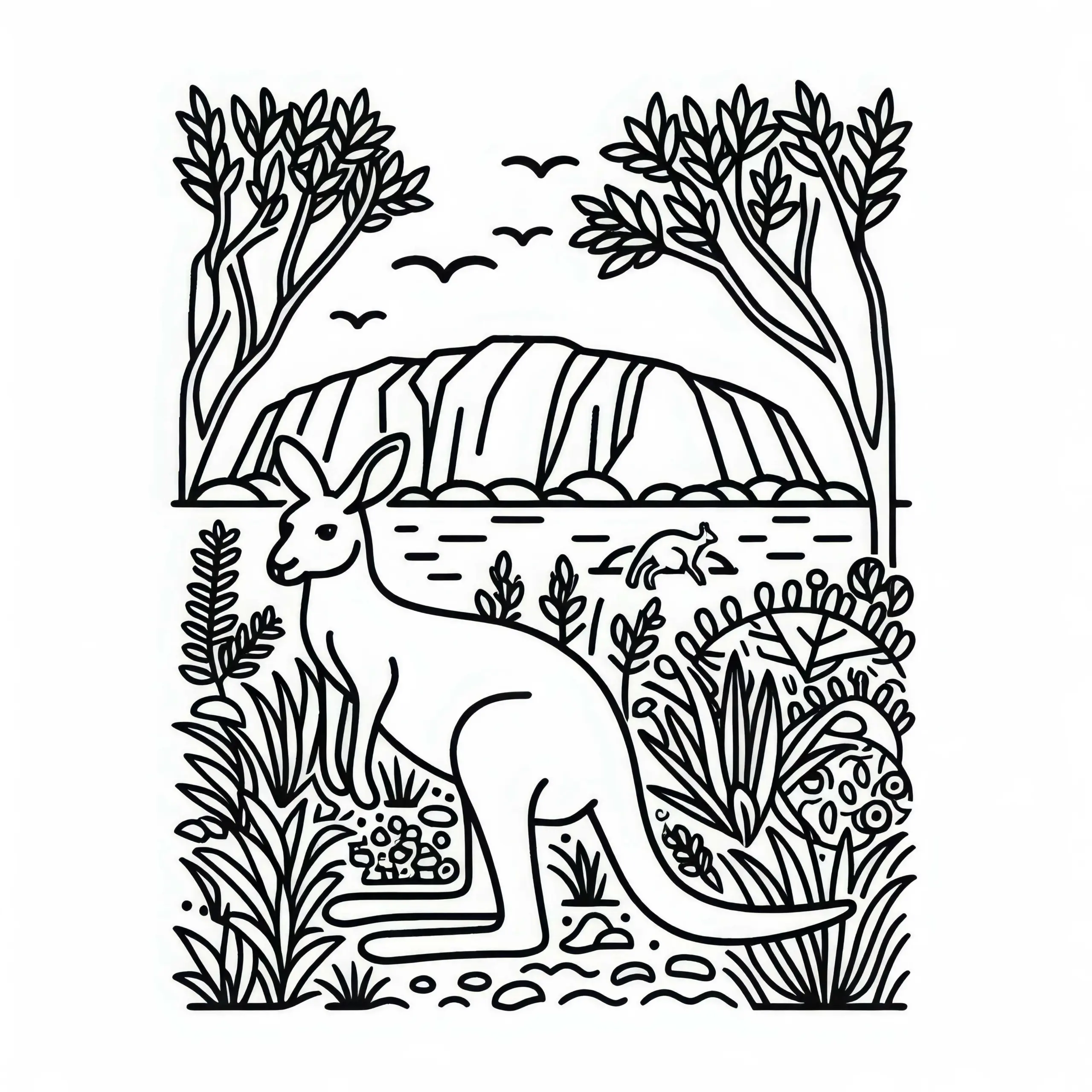 Uluru, Ayers Rock mit Känguru im Vordergrund – Malvorlage Australien und Ozeanien Kostenlos (Ausmalbild)
