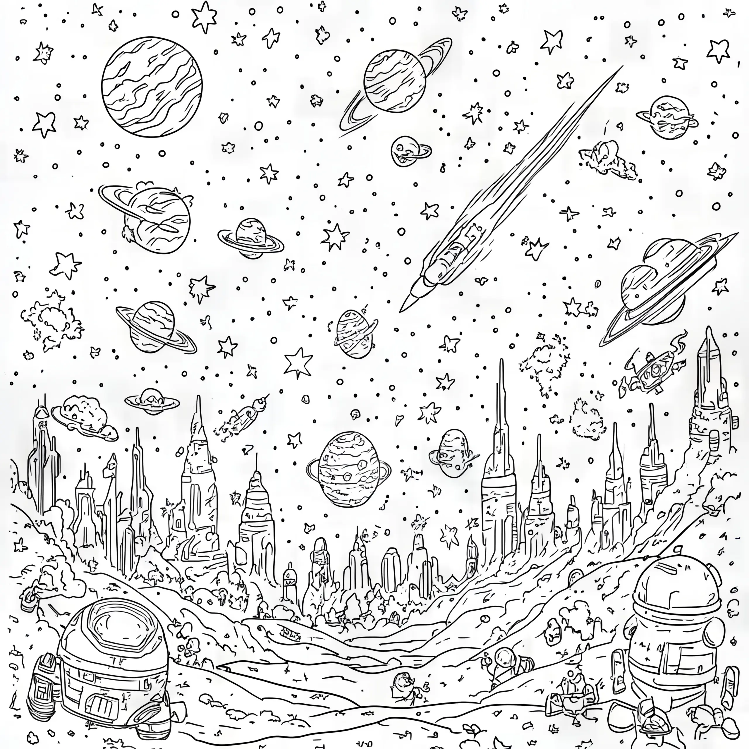 Universum als Wimmelbild: Malvorlage zum Herunterladen (Gratis) (Ausmalbild)