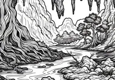 Unterirdischer Fluss fließt durch Höhle – Ausmalbild Karstlandschaft gratis