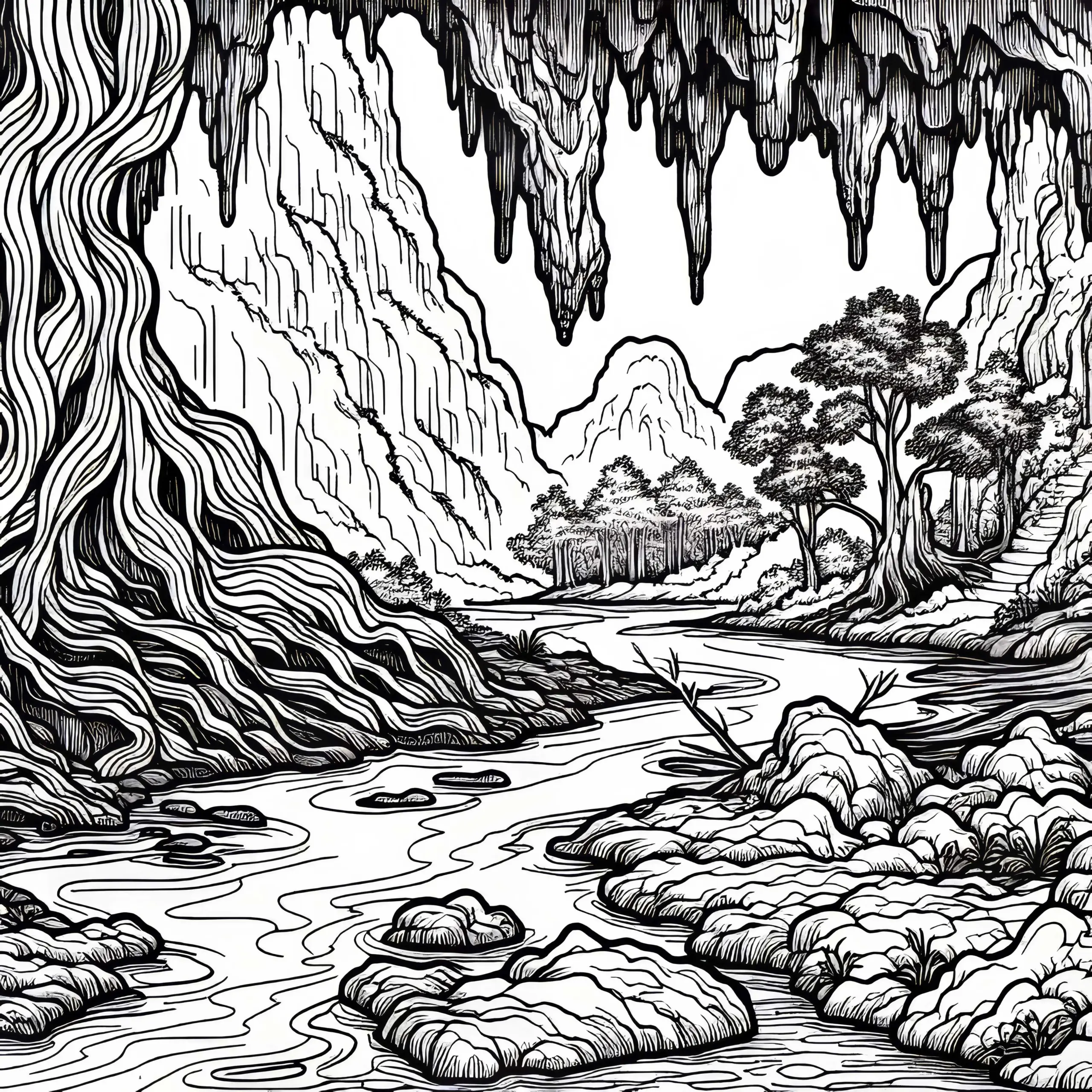 Unterirdischer Fluss fließt durch Höhle – Ausmalbild Karstlandschaft gratis