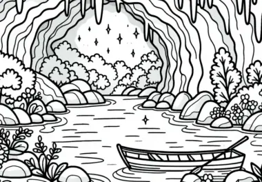 Unterirdischer Fluss mit Boot in Höhle – Ausmalbild kostenlos