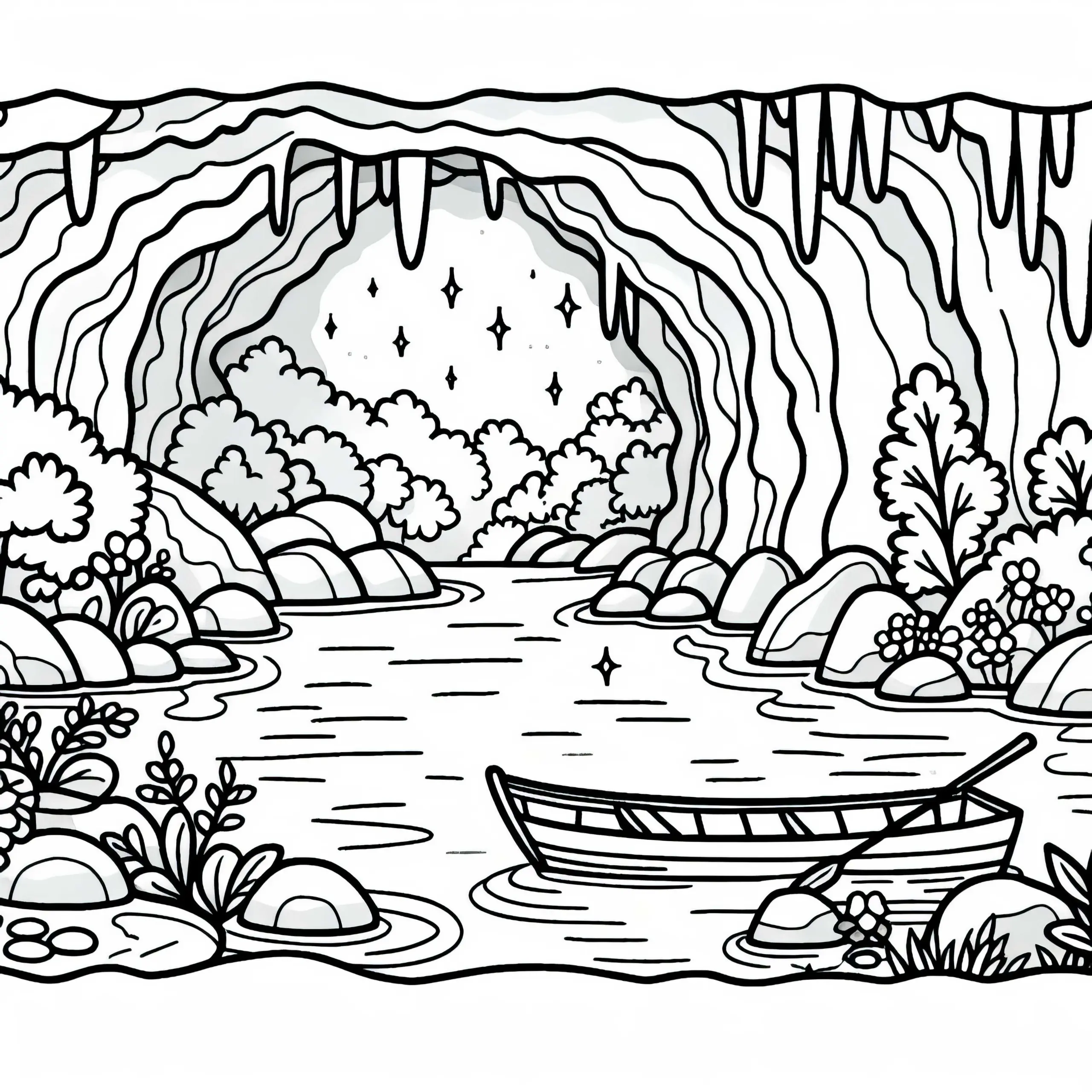 Unterirdischer Fluss mit Boot in Höhle – Ausmalbild kostenlos