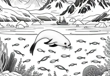 Unterwasserbild mit Robbe und Krill – Ausmalbild Antarktis kostenlos