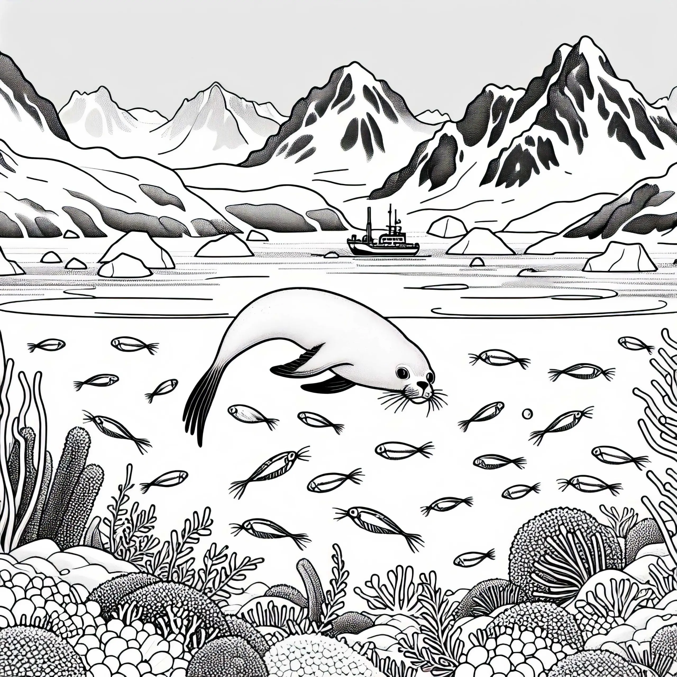 Unterwasserbild mit Robbe und Krill – Ausmalbild Antarktis kostenlos