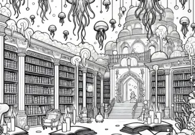 Unterwasserstadt mit Bibliothek und schwebenden Medusen – Malvorlage kostenlos