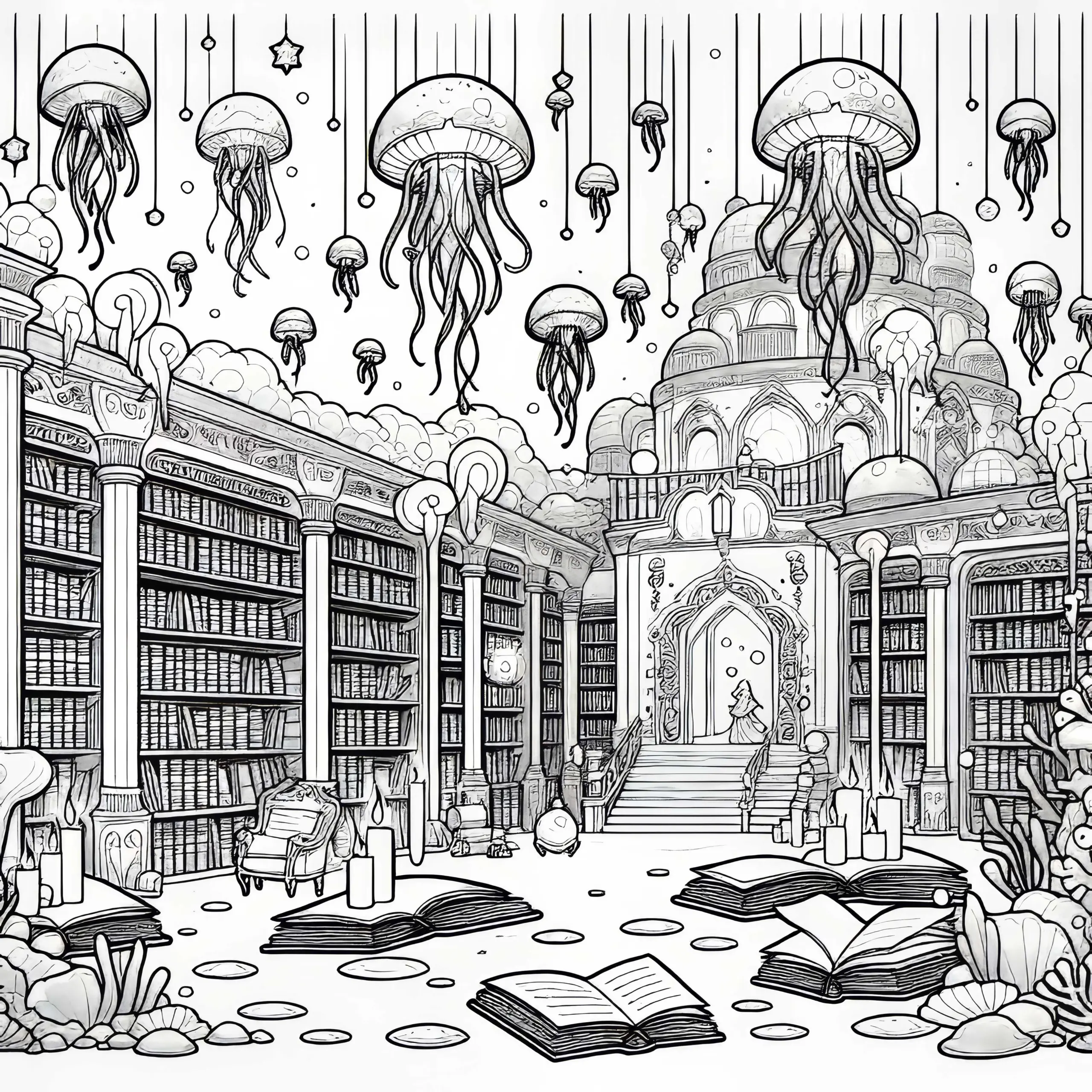 Unterwasserstadt mit Bibliothek und schwebenden Medusen – Malvorlage kostenlos (Ausmalbild)