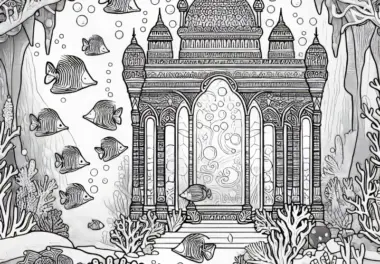Unterwasserstadt mit Fischen und Torbogen – Kostenloses Ausmalbild