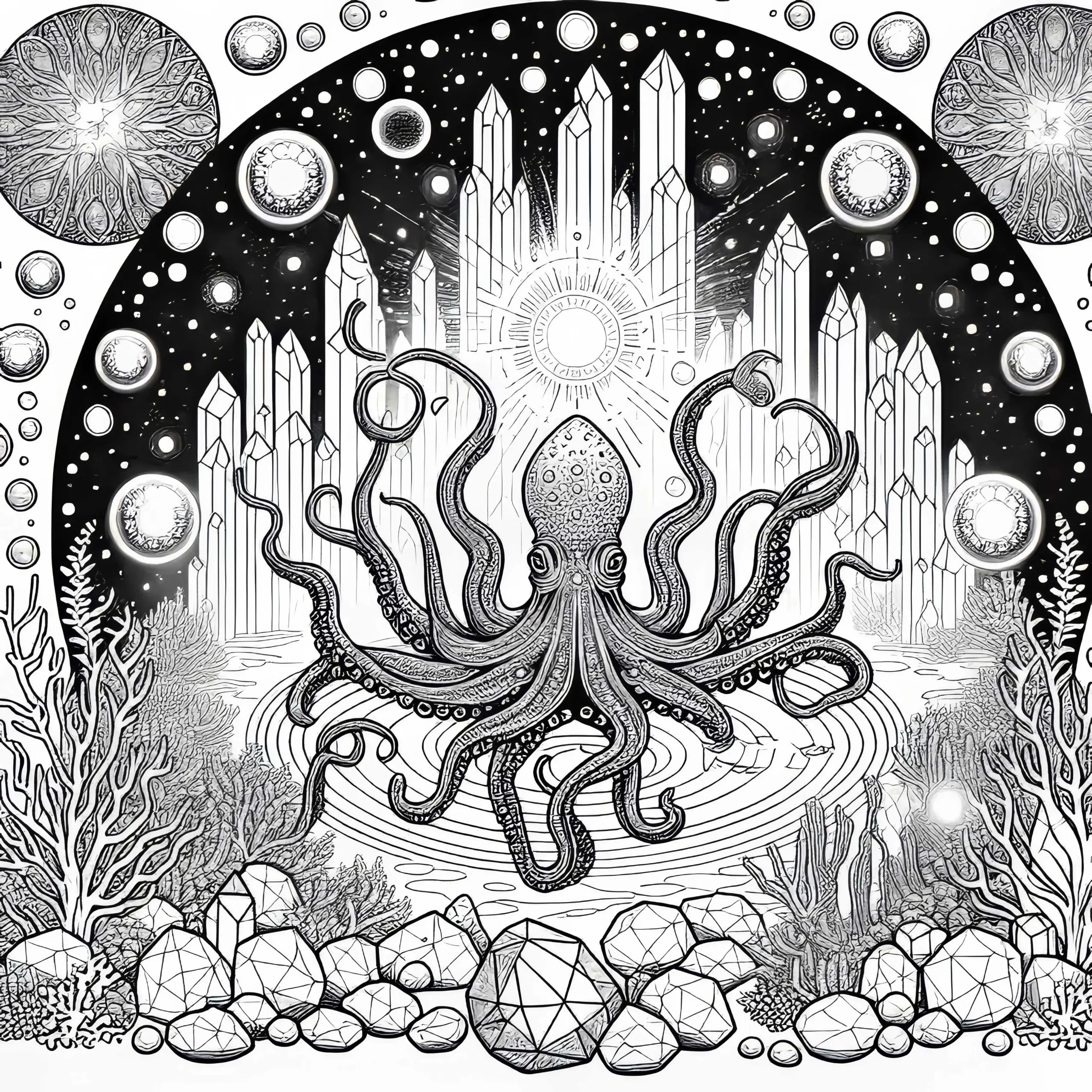 Unterwasserstadt mit Krakenorakel, das in einem Kreis aus leuchtenden Kristallen thront – Malvorlage kostenlos (Ausmalbild)