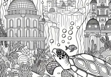 Unterwasserstadt mit Schildkröte Malvorlage Kostenlos