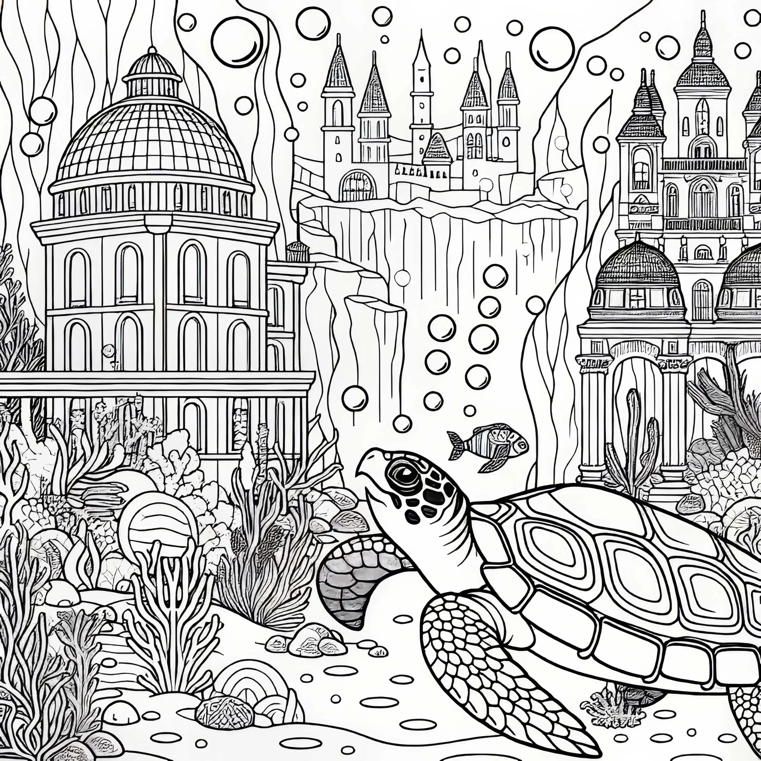 Unterwasserstadt mit Schildkröte Malvorlage Kostenlos (Ausmalbild)