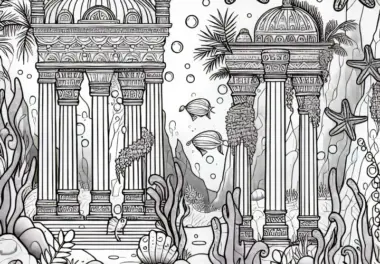 Unterwasserstadt mit versunkenem Tempel – Malvorlage kostenlos