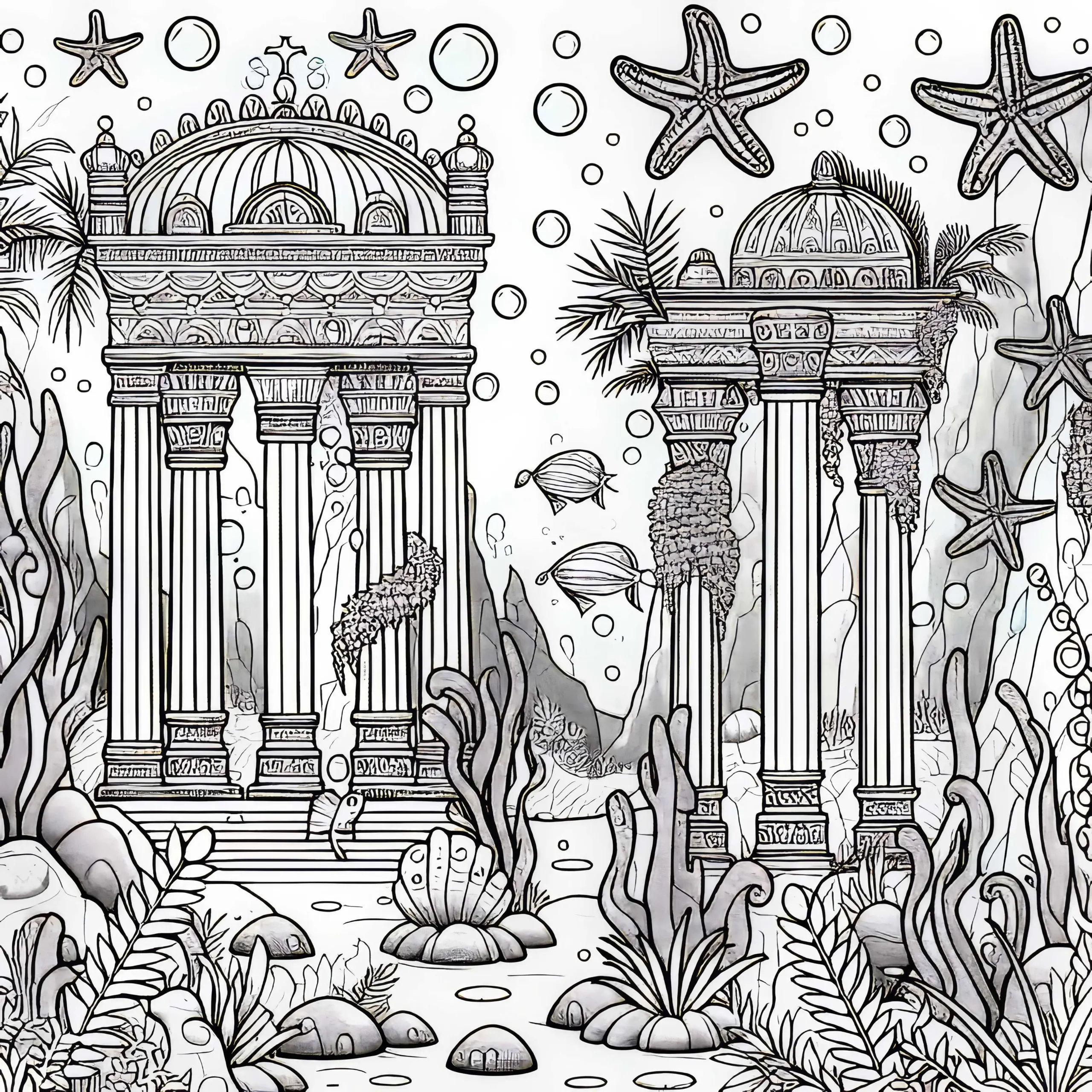 Unterwasserstadt mit versunkenem Tempel – Malvorlage kostenlos (Ausmalbild)