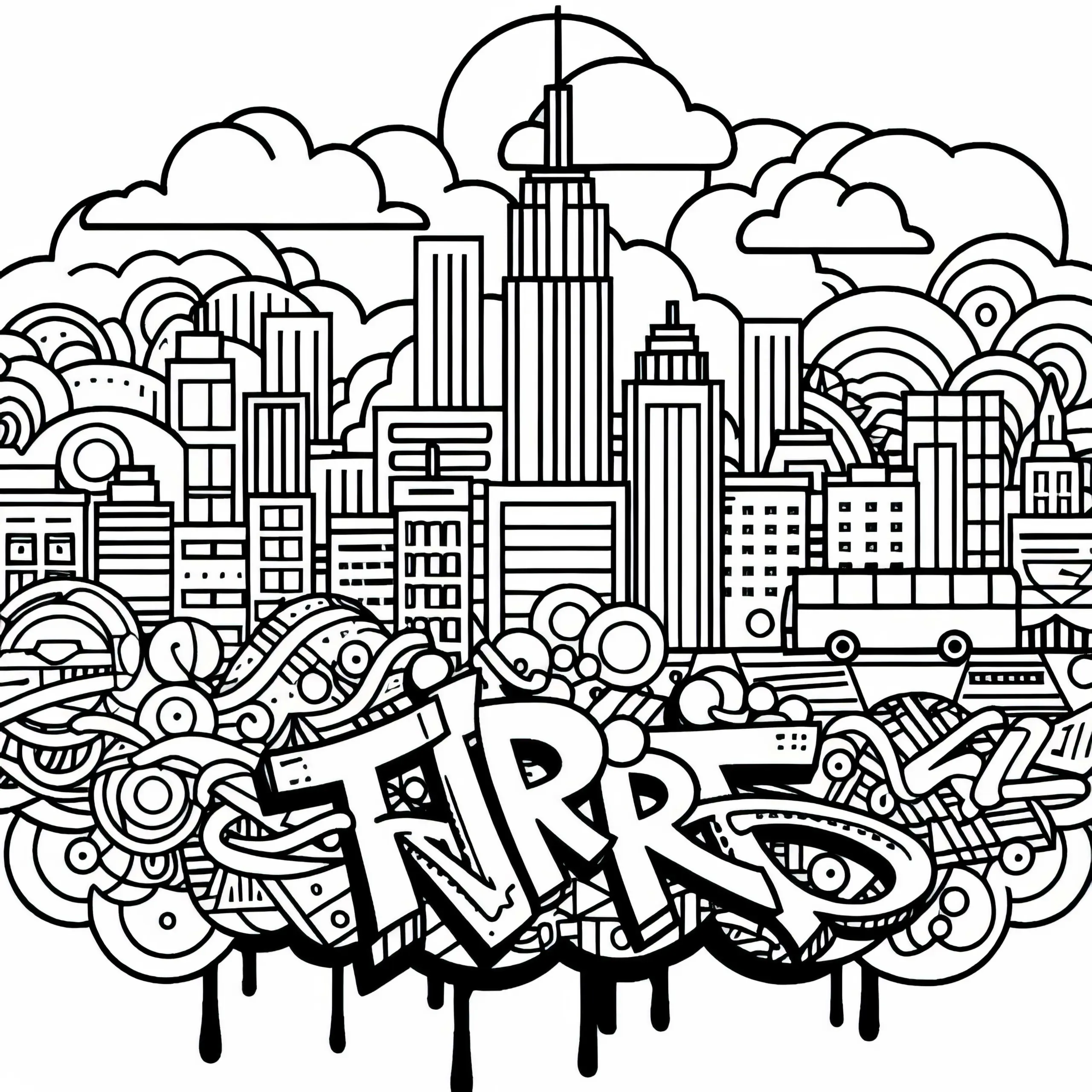 Urban Art Motiv mit Stadtlandschaft im Hintergrund – Graffiti Ausmalbild kostenlos