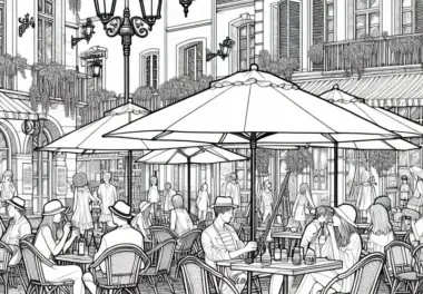 Urban Sketching eines Straßencafés – Malvorlage für Erwachsene kostenlos herunterladen