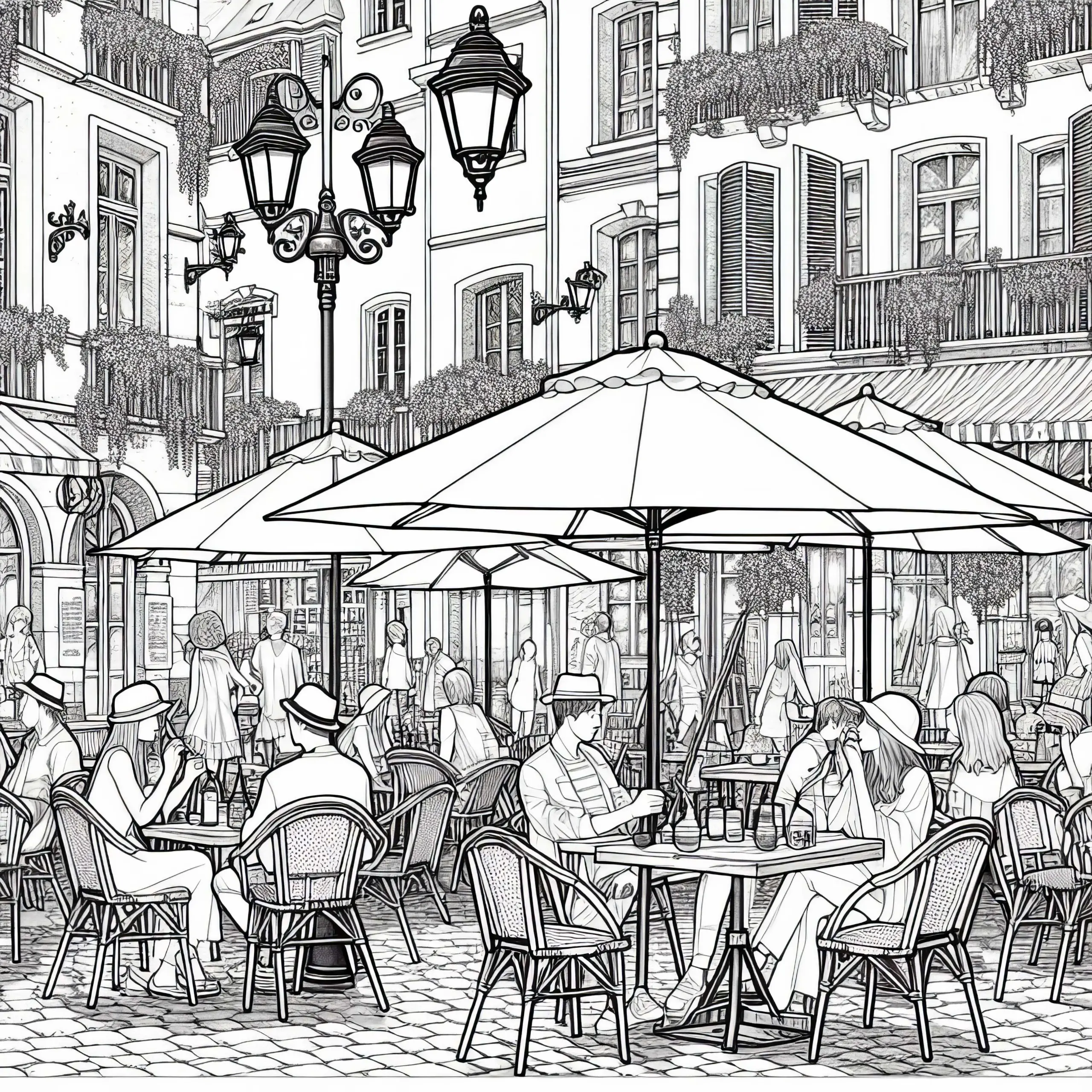 Urban Sketching eines Straßencafés – Malvorlage für Erwachsene kostenlos herunterladen (Ausmalbild)