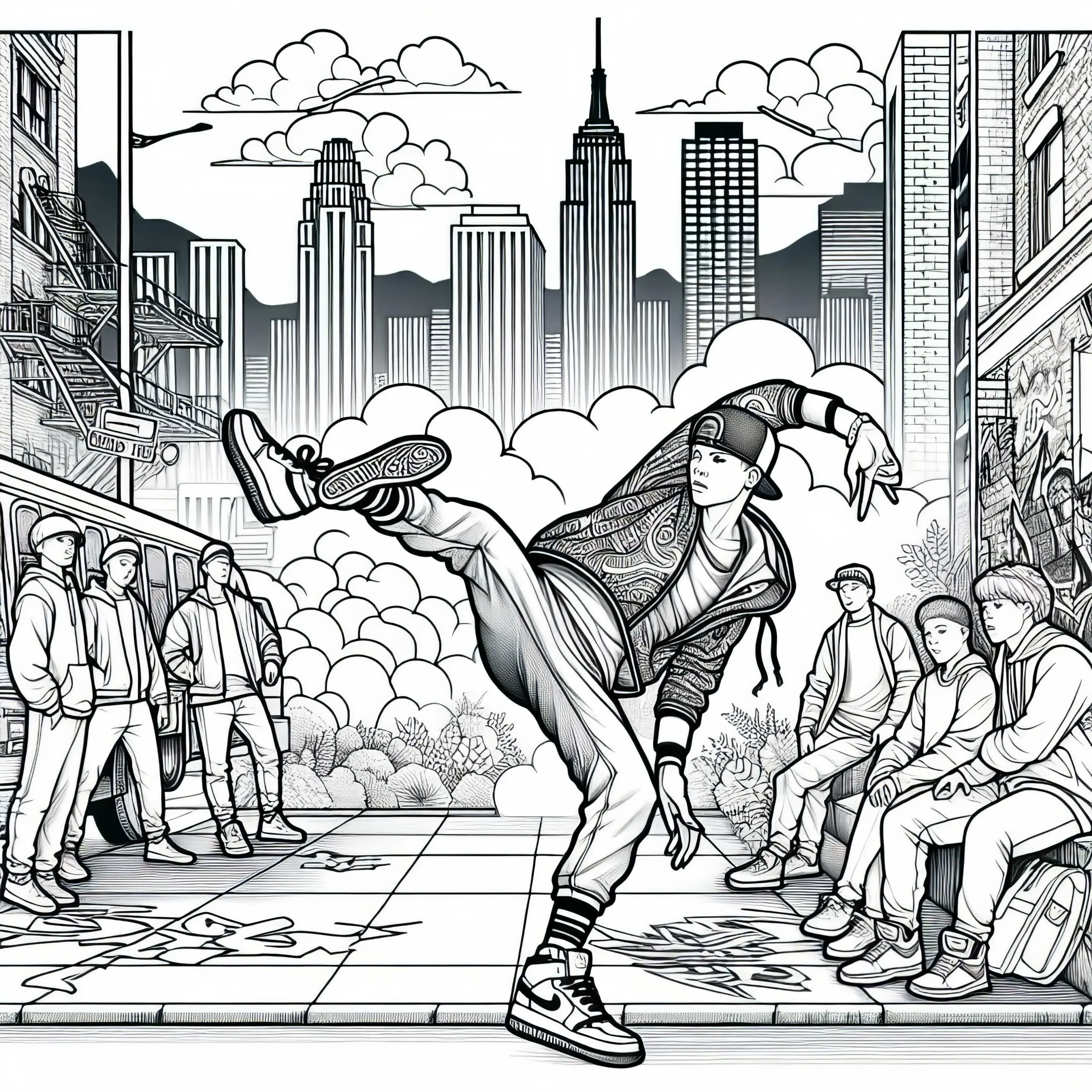Urban Street Motiv mit Breakdancer – Ausmalbild für Jungs ab zwölf gratis