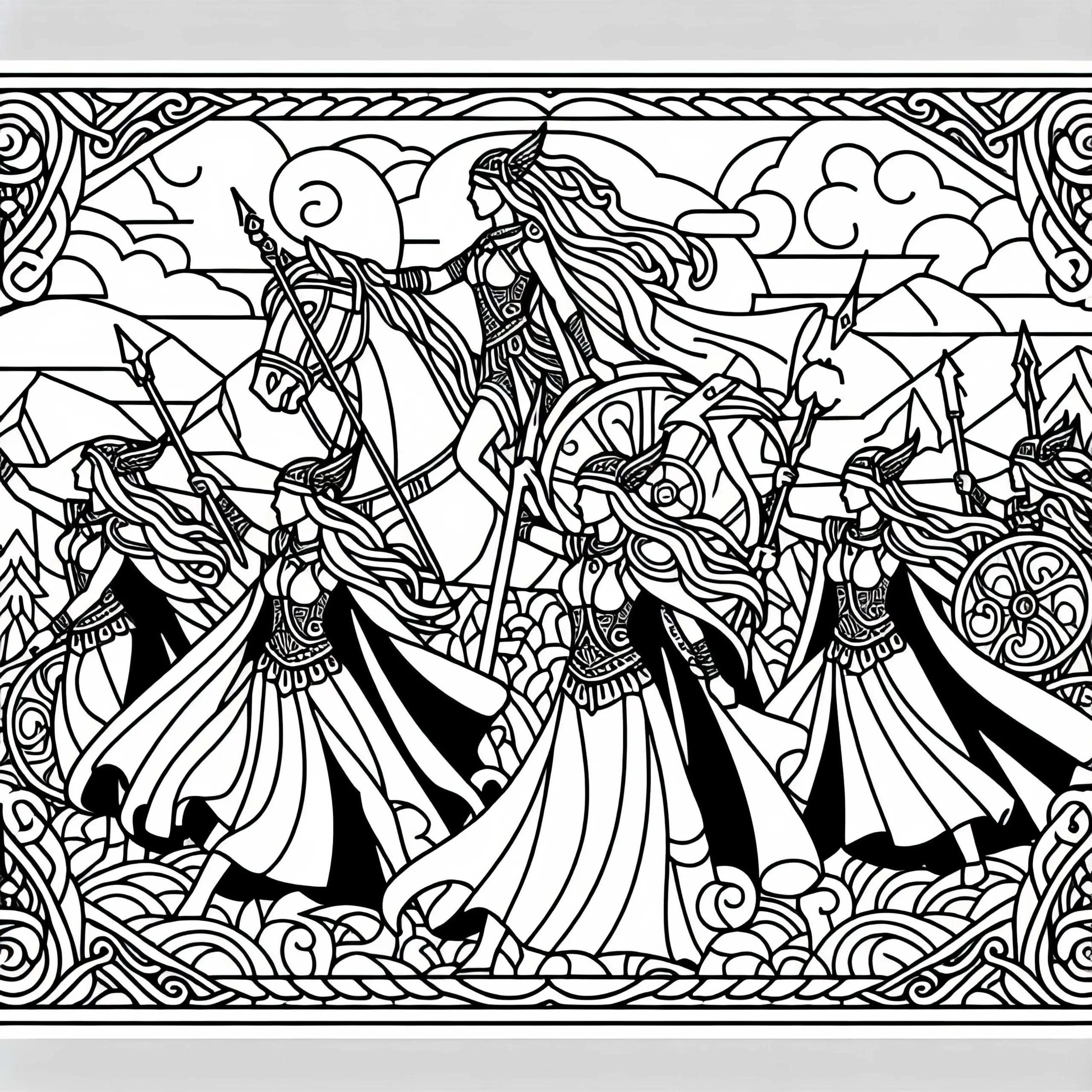 Valkyren – die gefallenen Krieger nach Walhall bringen: Ausmalbild zur nordischen Mythologie