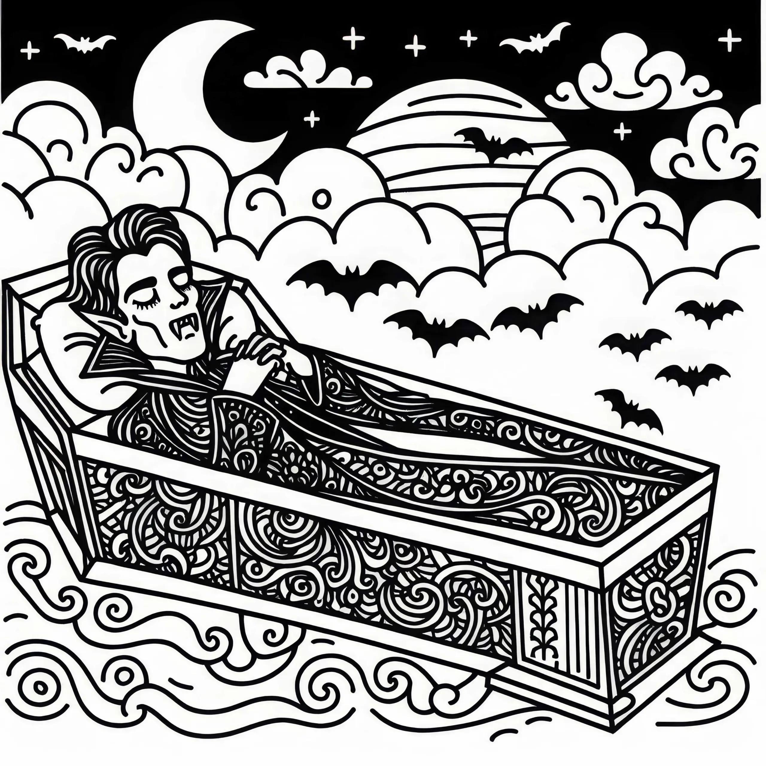 Vampir ruht in Sarg mit verzierten Gravuren: Einfache Malvorlage (Gratis) (Ausmalbild)