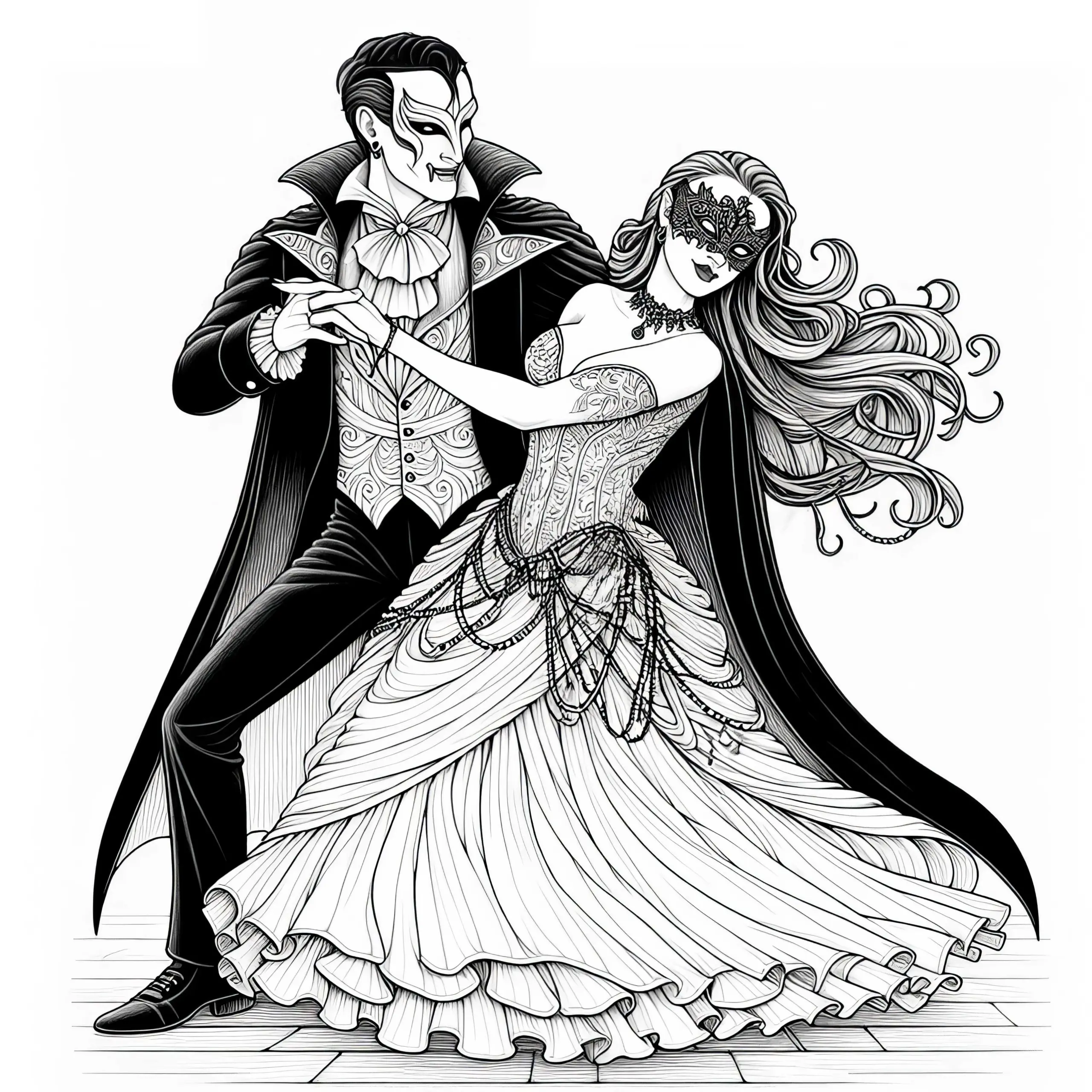 Vampir tanzt elegant mit Partnerin auf Maskenball als Ausmalbild (Gratis)