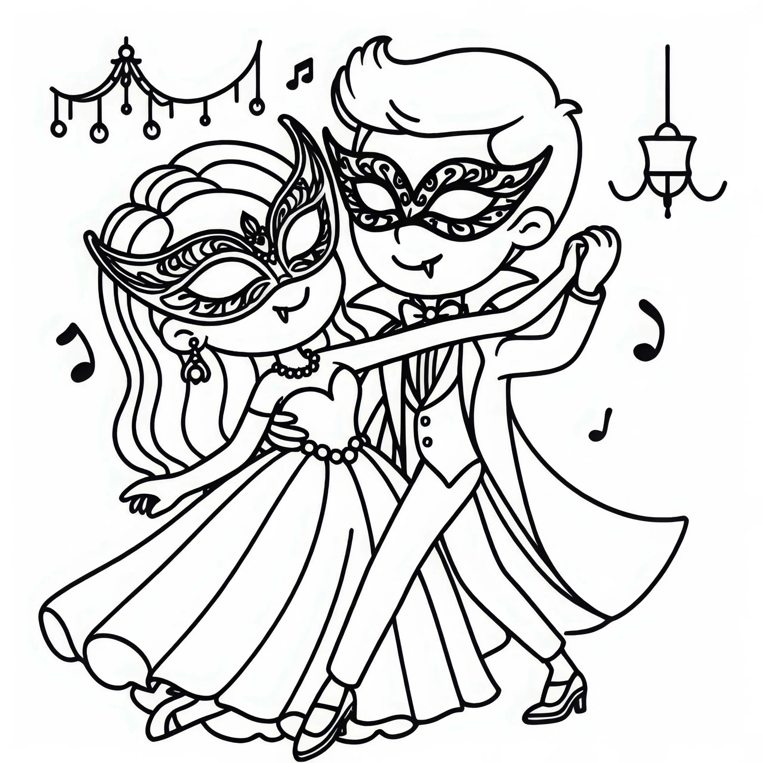 Vampir tanzt elegant mit Vampirin auf Maskenball: Kostenloses Ausmalbild