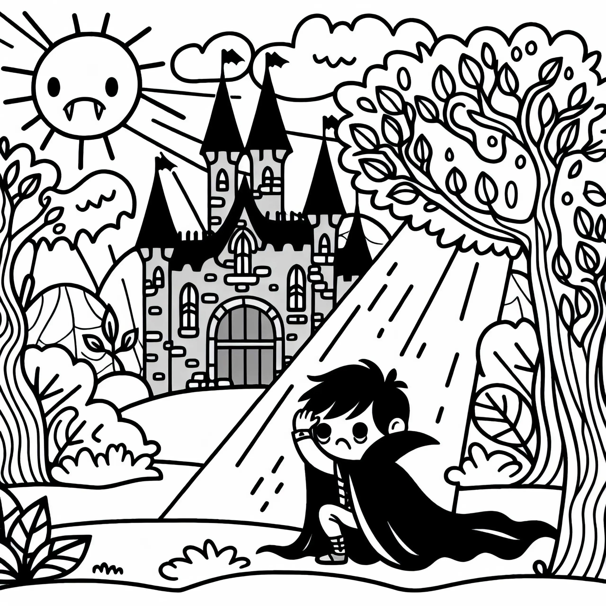 Vampir versteckt sich vor Sonnenlicht im Schatten: Ausmalbild für Kinder (Kostenlos)