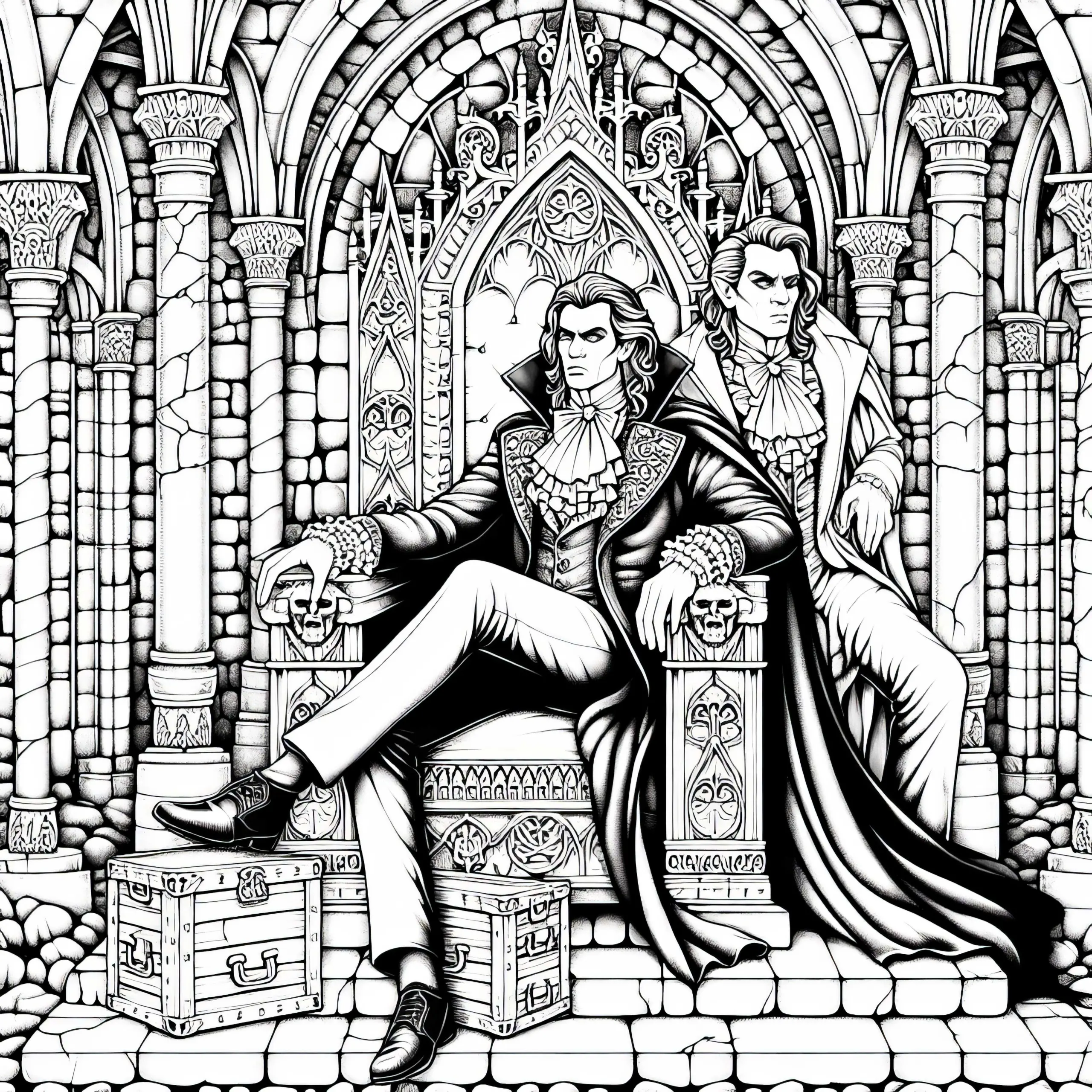 Vampire sitzen auf Thron in gotischer Gruft: Ausmalbild zum Download (Gratis)