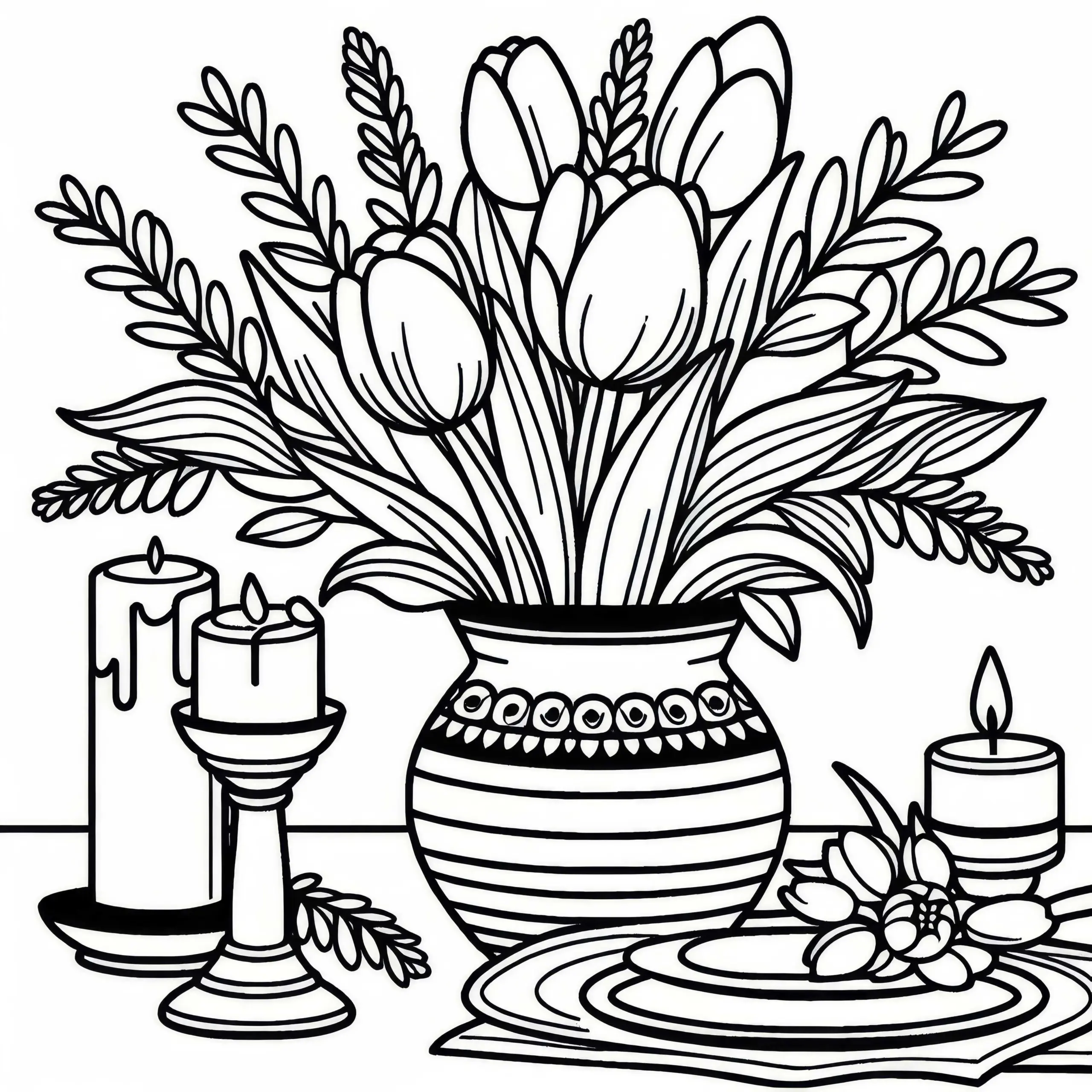 Vase mit Tulpen auf Tisch – Ausmalbild gratis