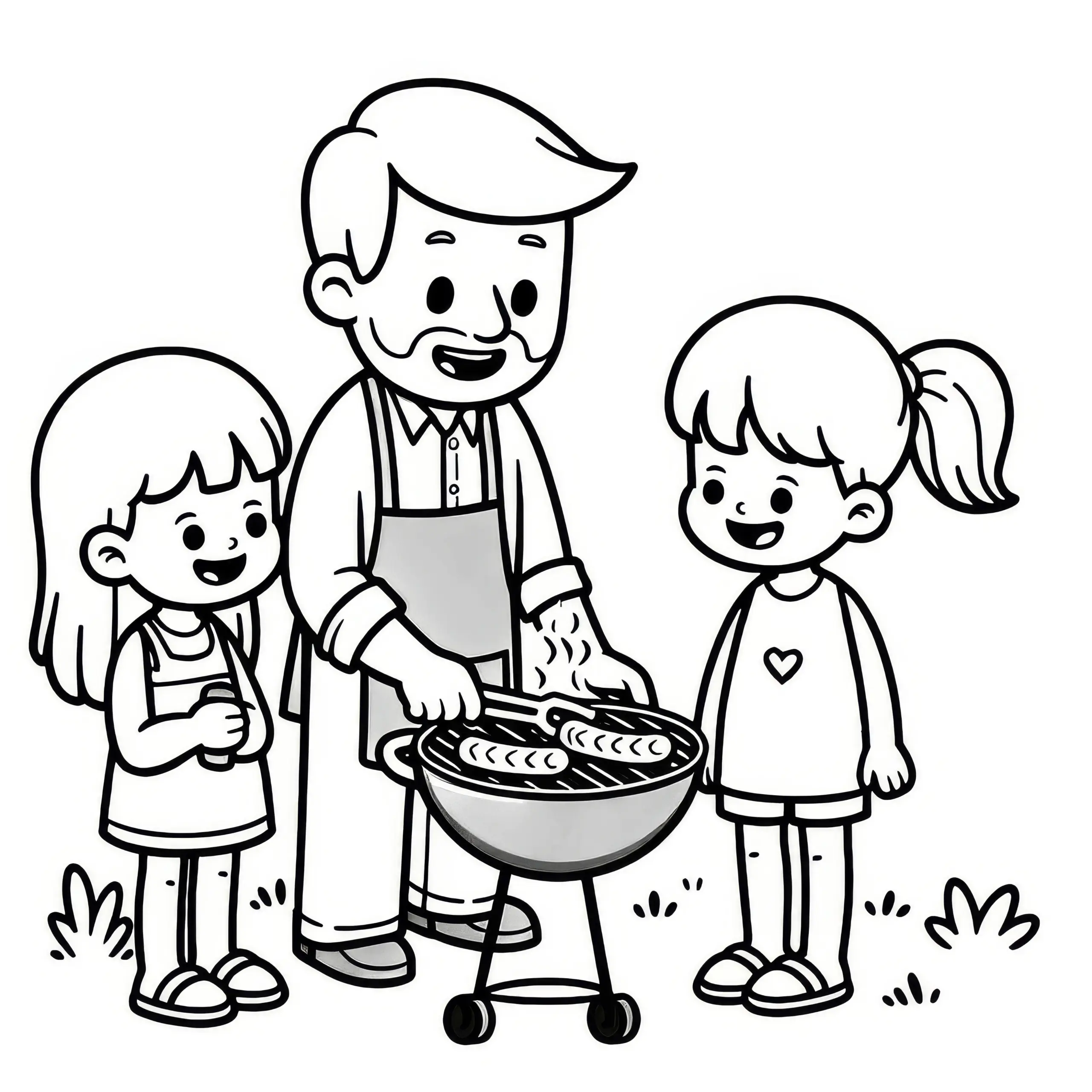 Vater grillt mit Kindern zum Vatertag: Kostenlose Malvorlage (Ausmalbild)