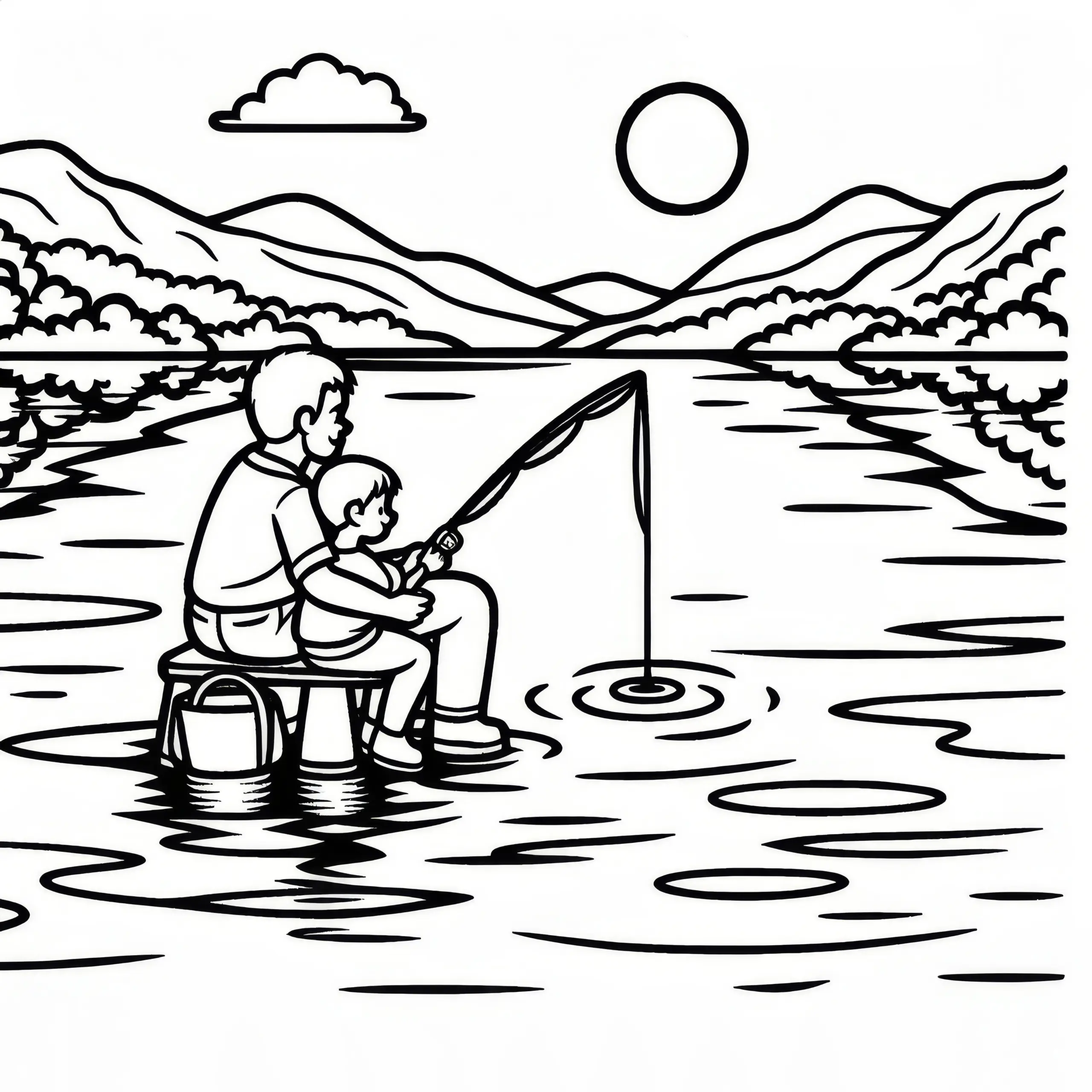 Vater und Kind angeln am stillen See zum Vatertag: Gratis Malvorlage (Ausmalbild)